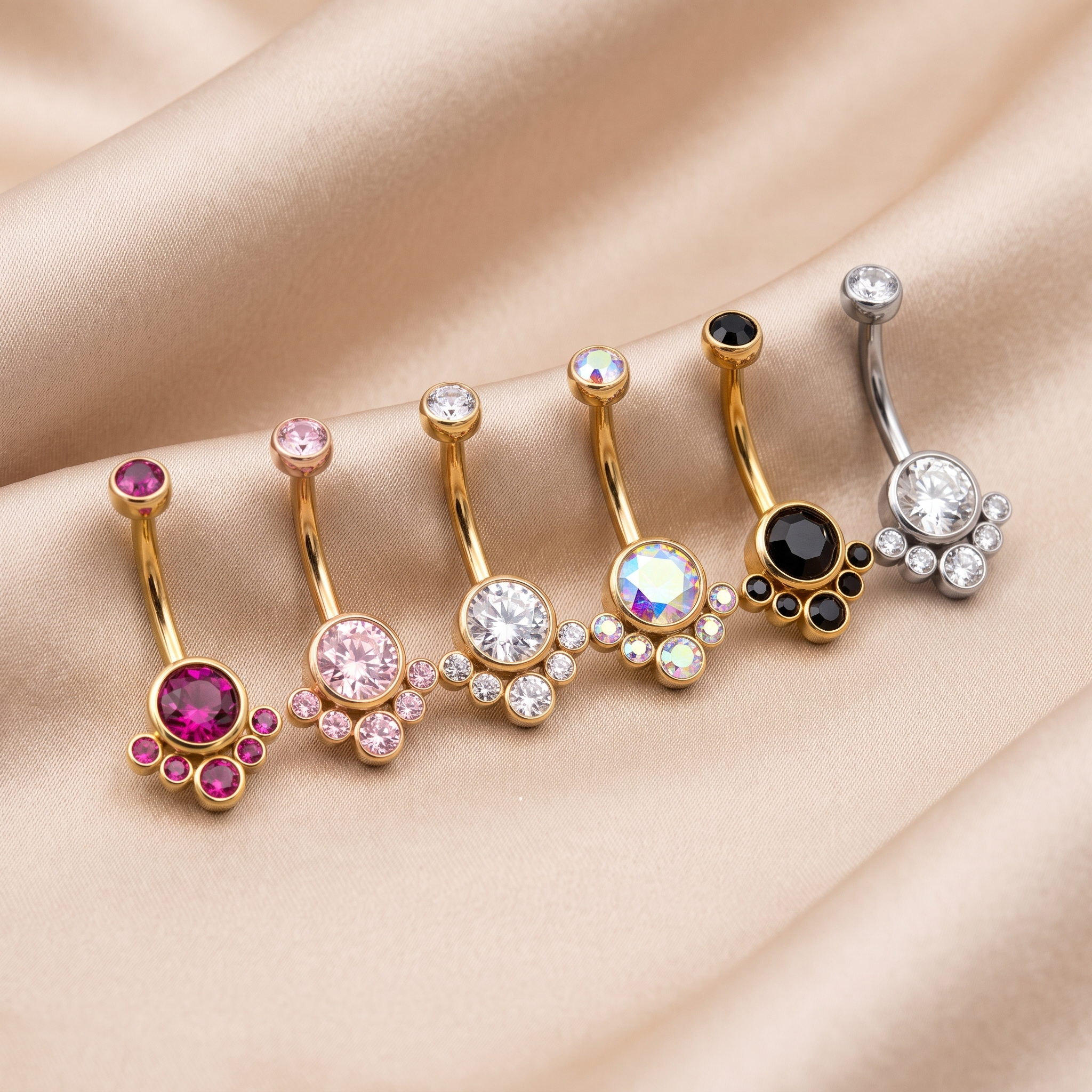 All color options of the Crystal Solitaire belly button ring on satin — G23 titanium 14G