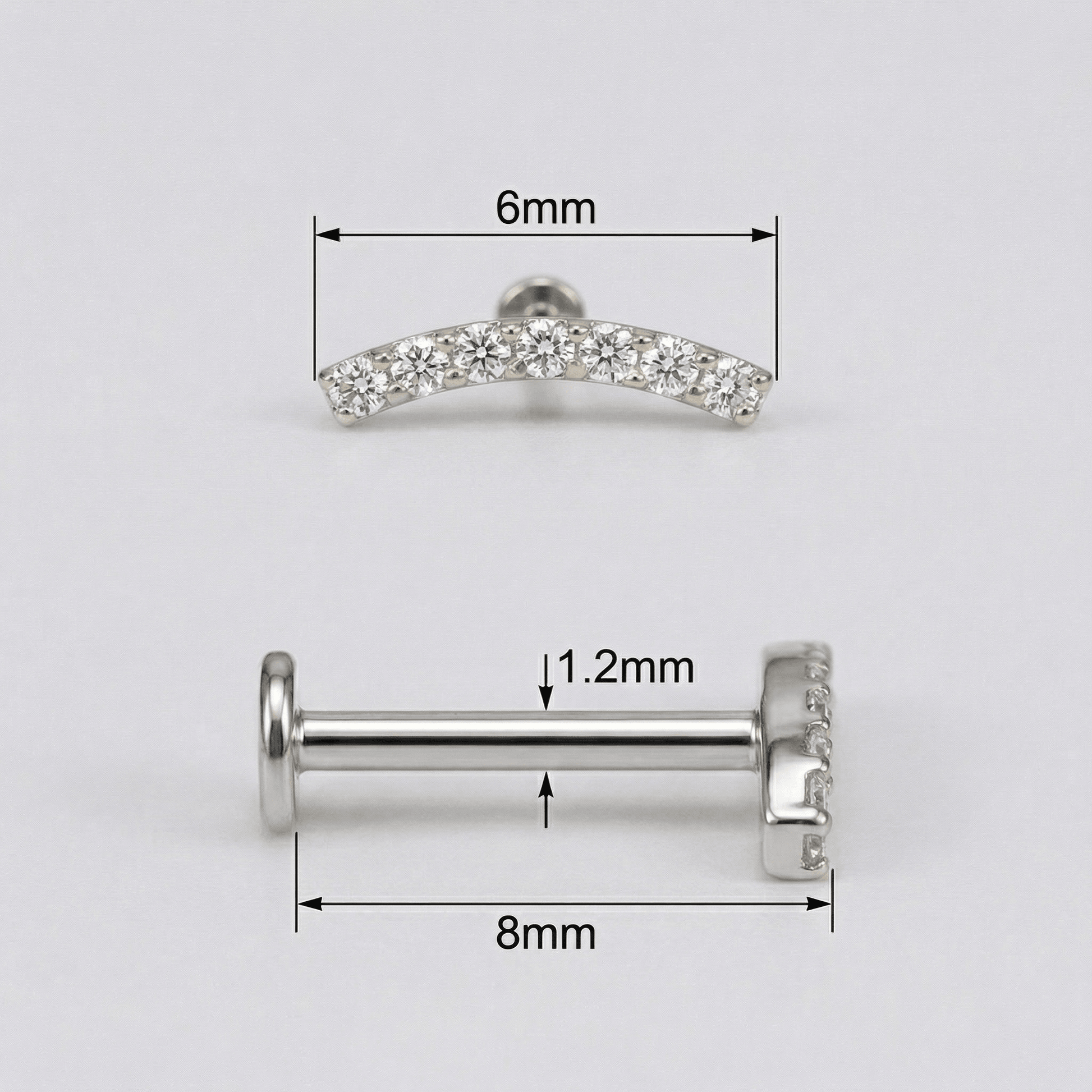 Diagram showing silver 16g piercing jewelry bar measurements.