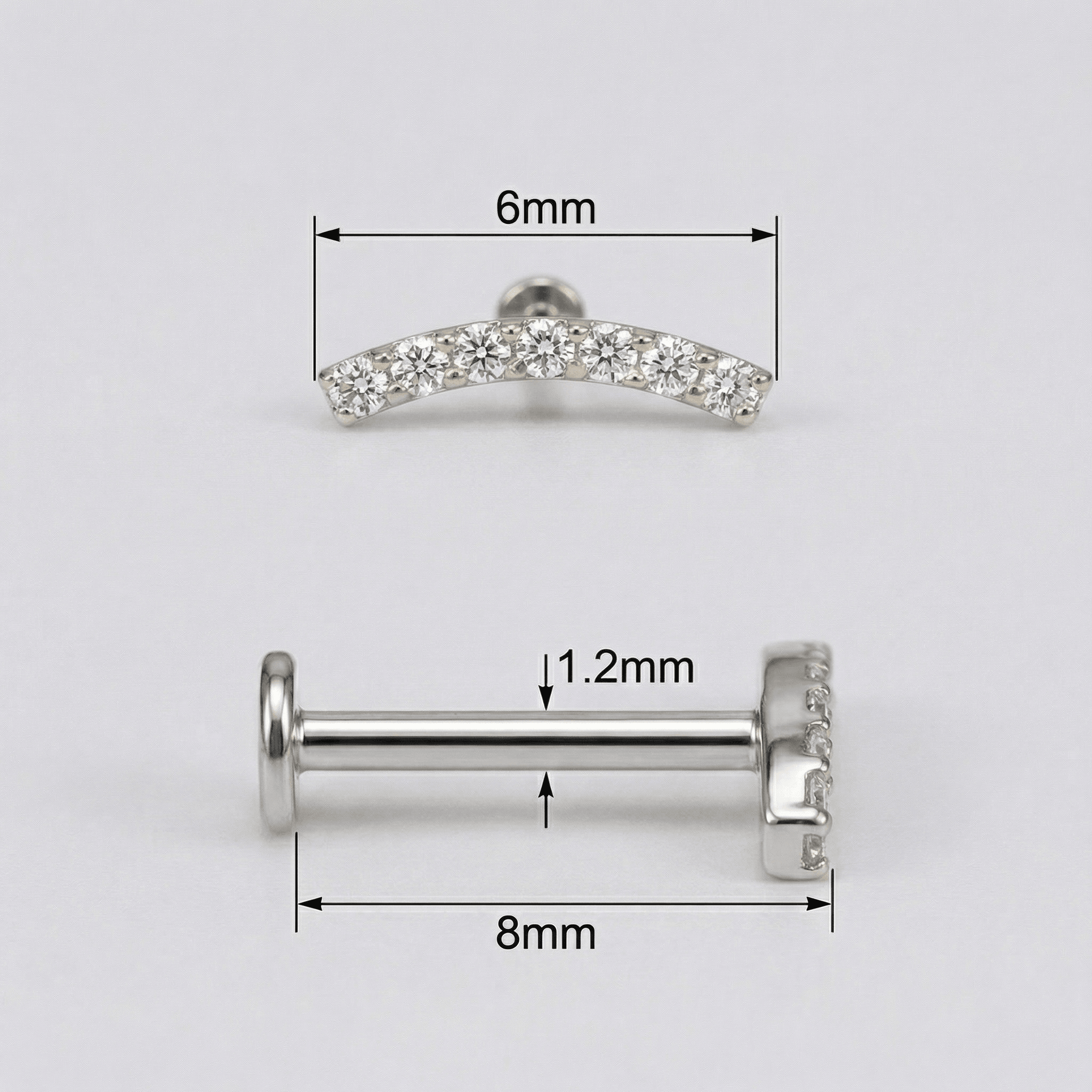 Diagram showing silver 16g piercing jewelry bar measurements.