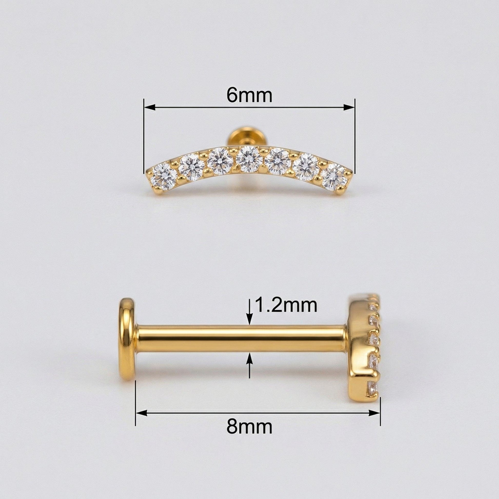 Diagram showing gold curved bar stud sizing and measurements.