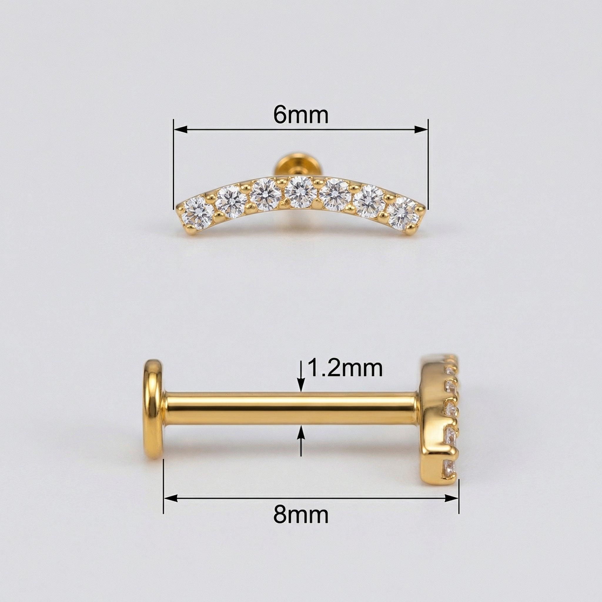 Diagram showing gold curved bar stud sizing and measurements.