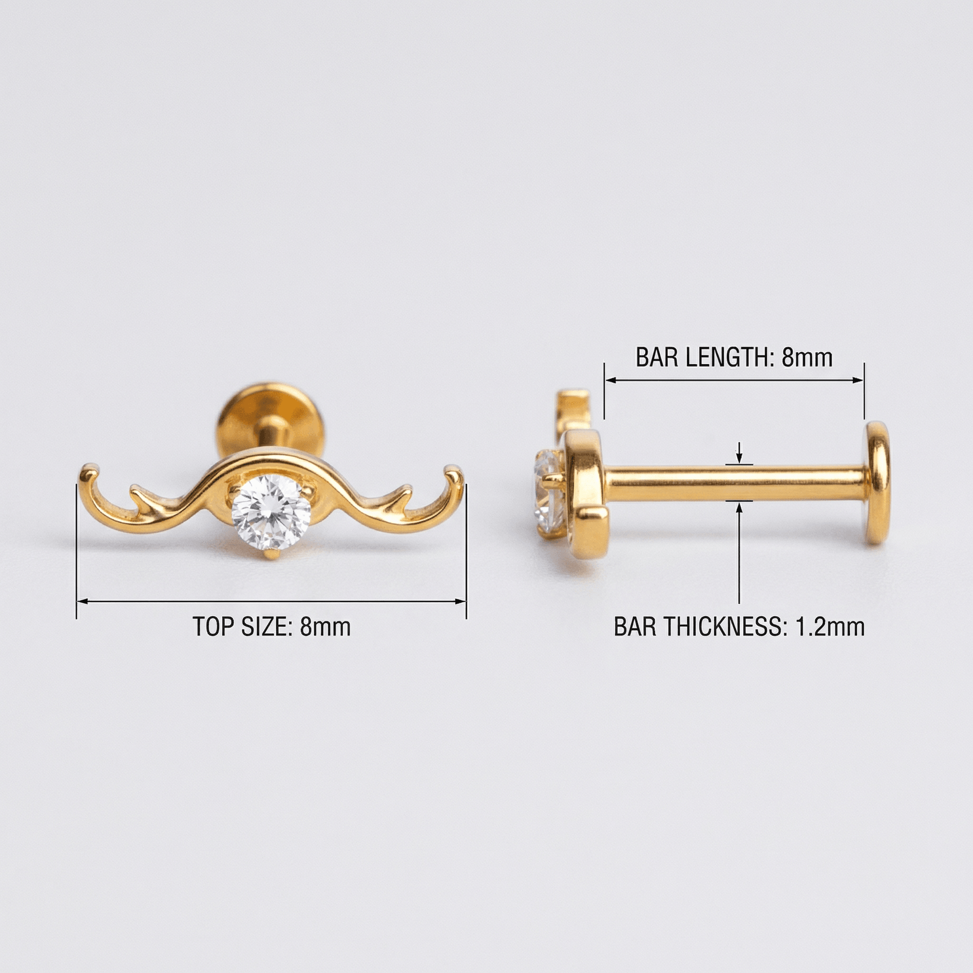 Diagram showing sizing and 8mm bar measurements for the gold curved wave
