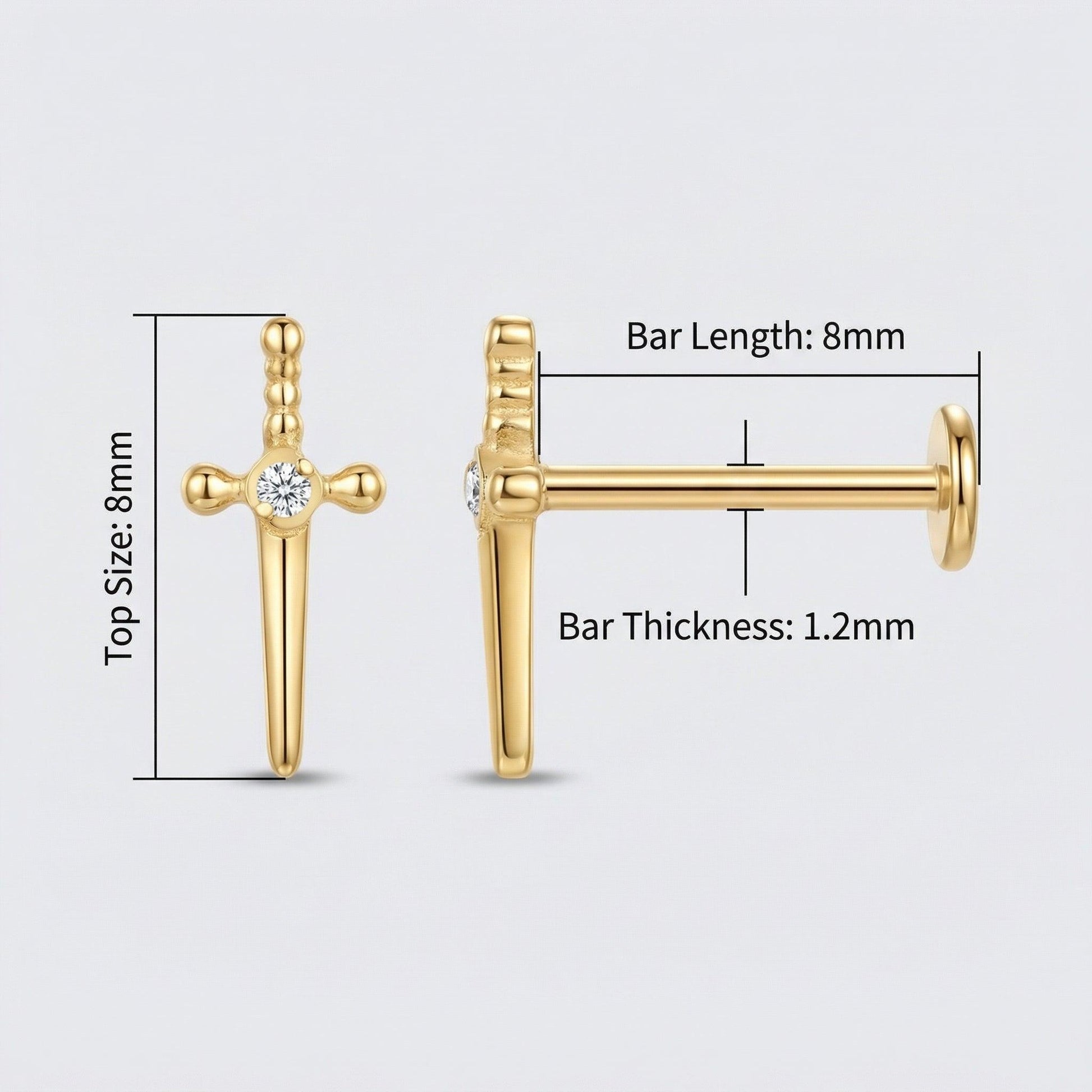 Dagger Front Helix Piercing - Diagram showing gold dagger