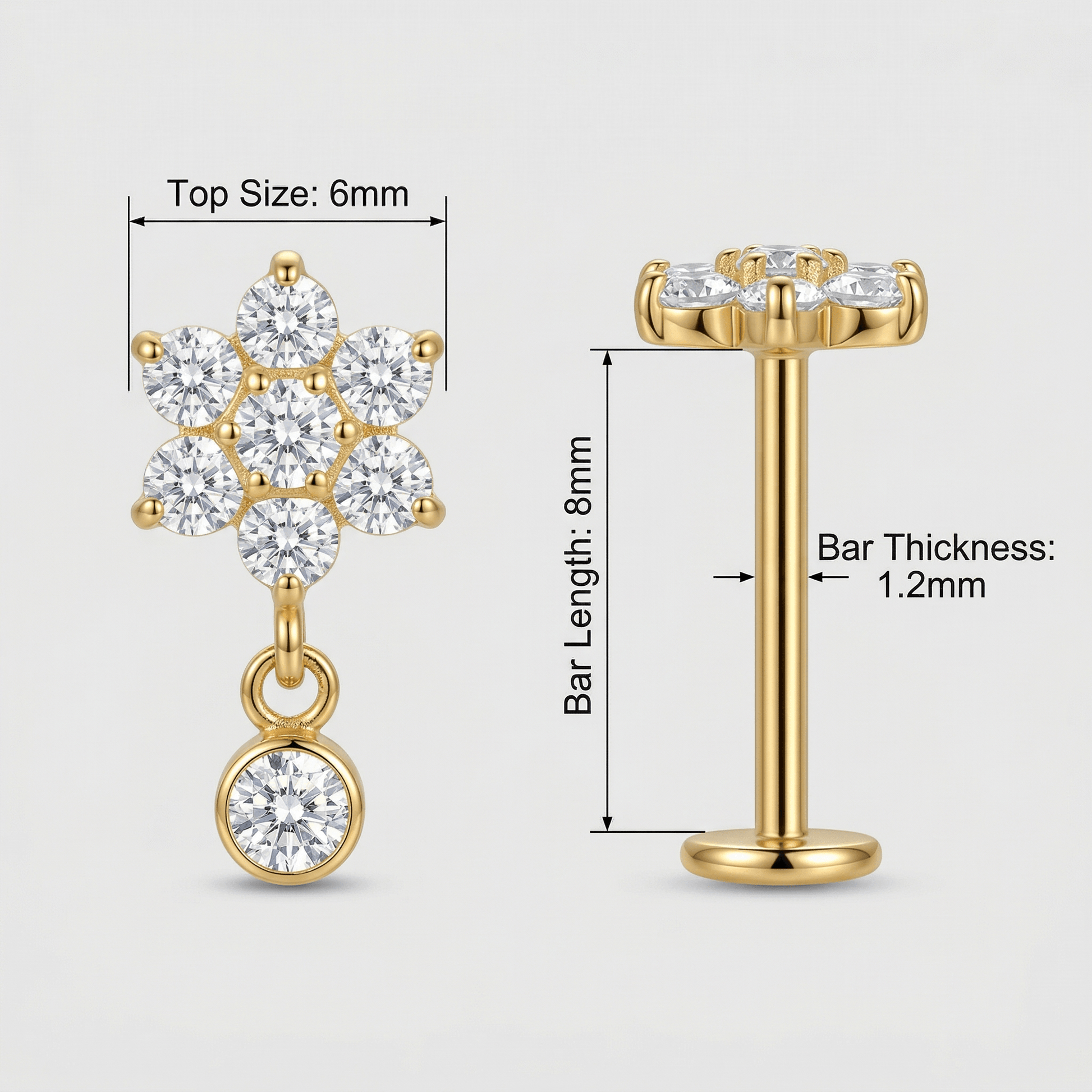 Daisy Front Helix Piercing - Diagram showing gold medical-grade