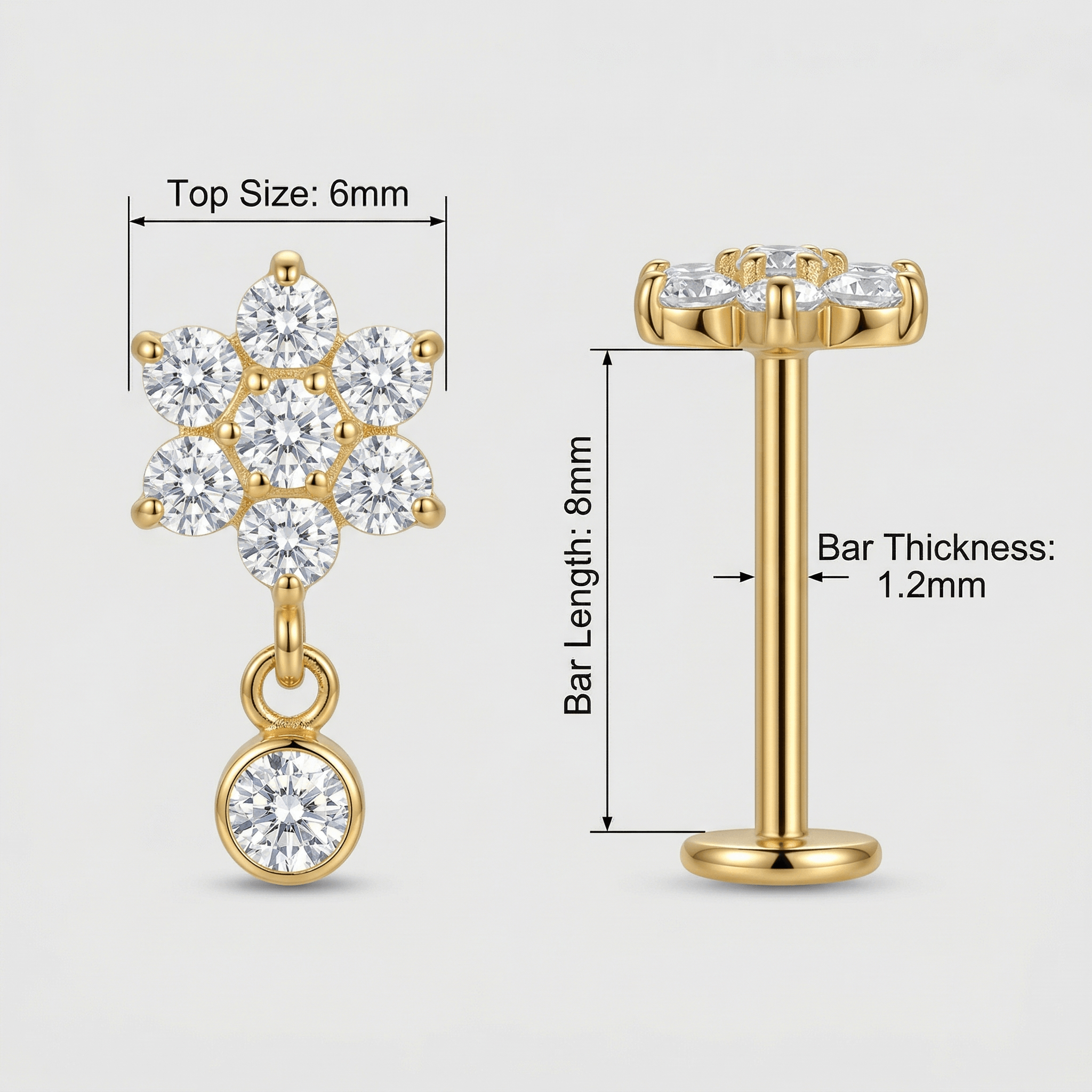 Daisy Front Helix Piercing - Diagram showing gold medical-grade