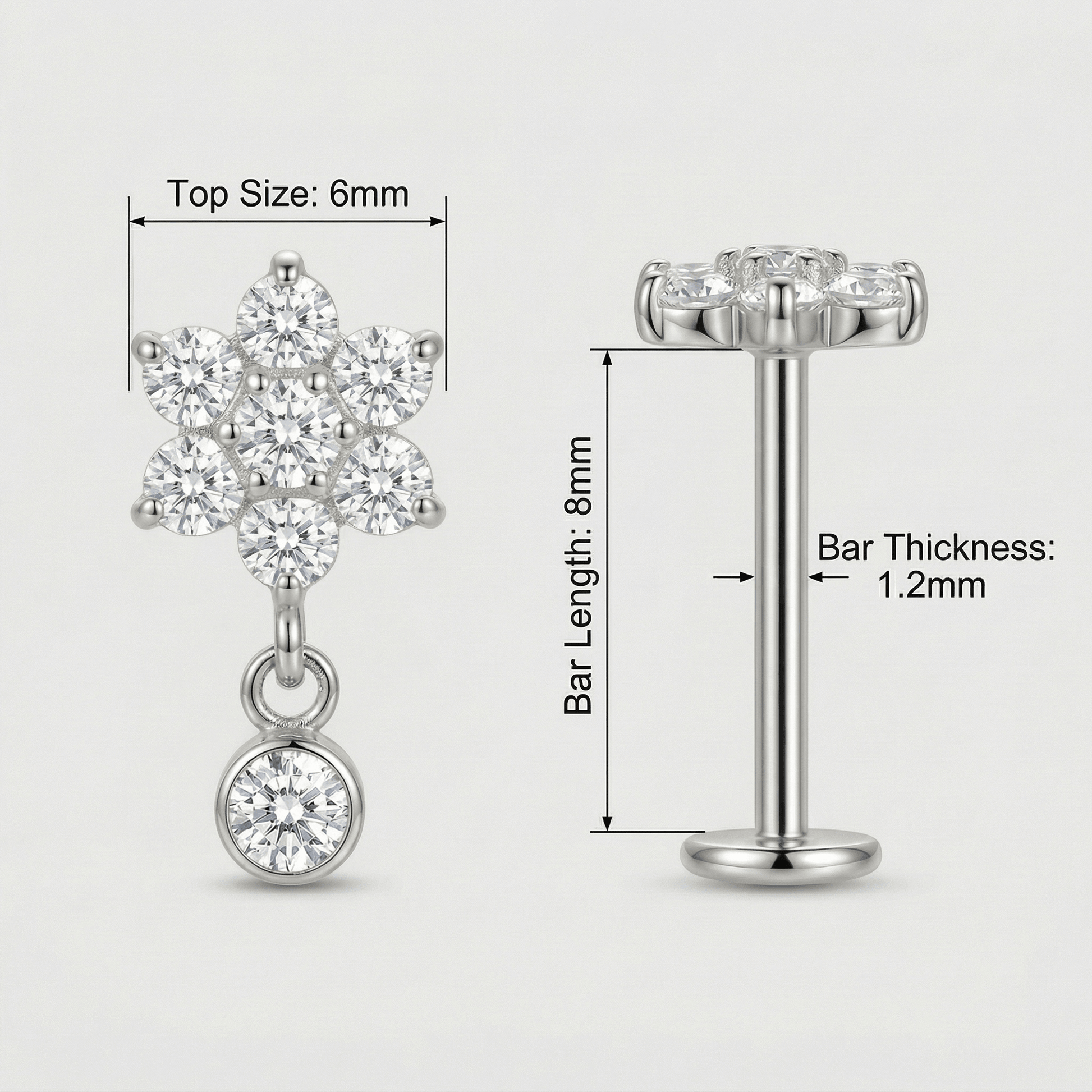 Daisy Front Helix Piercing - Diagram showing silver floral