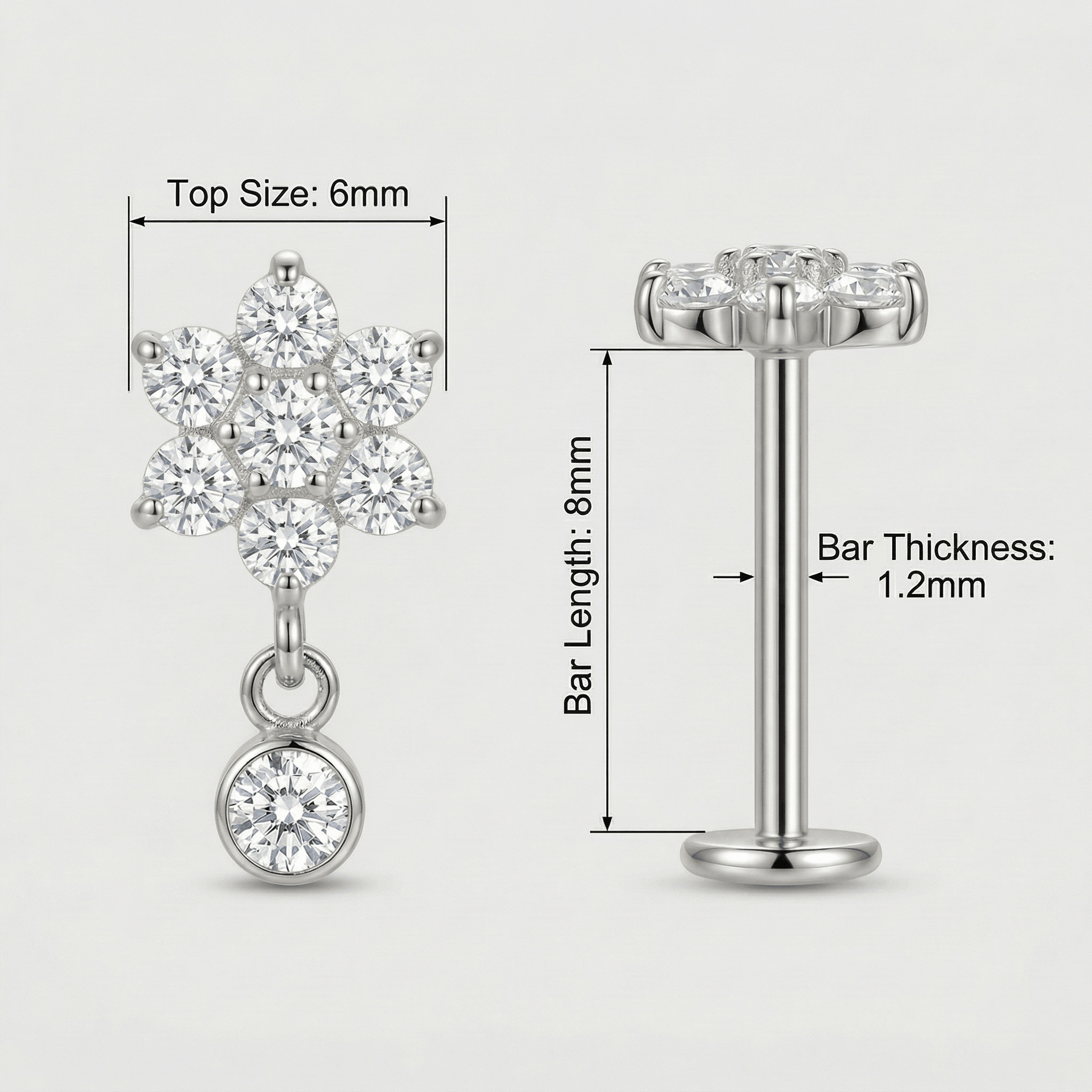 Daisy Front Helix Piercing - Diagram showing silver floral