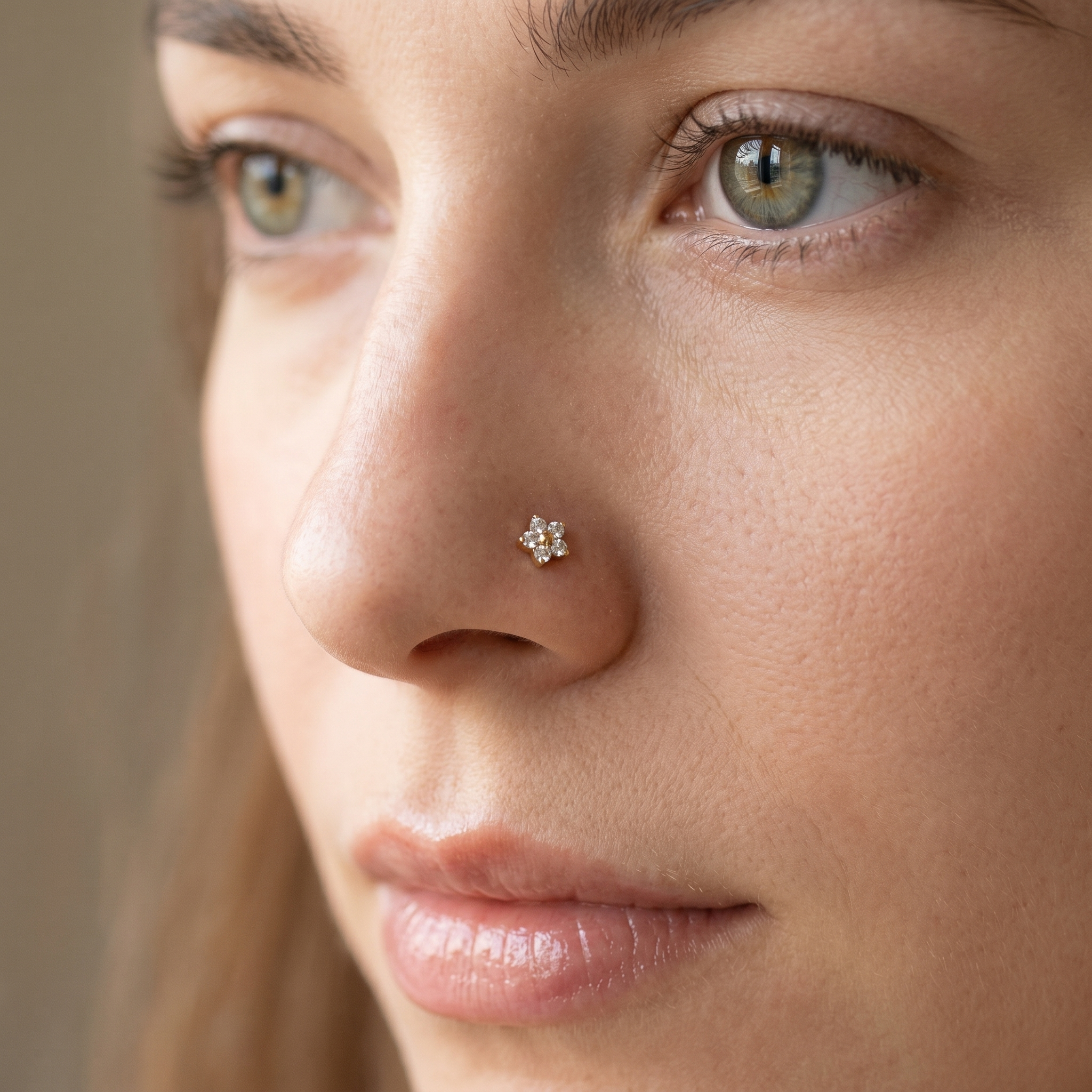 daisy nose stud worn on a model, side profile