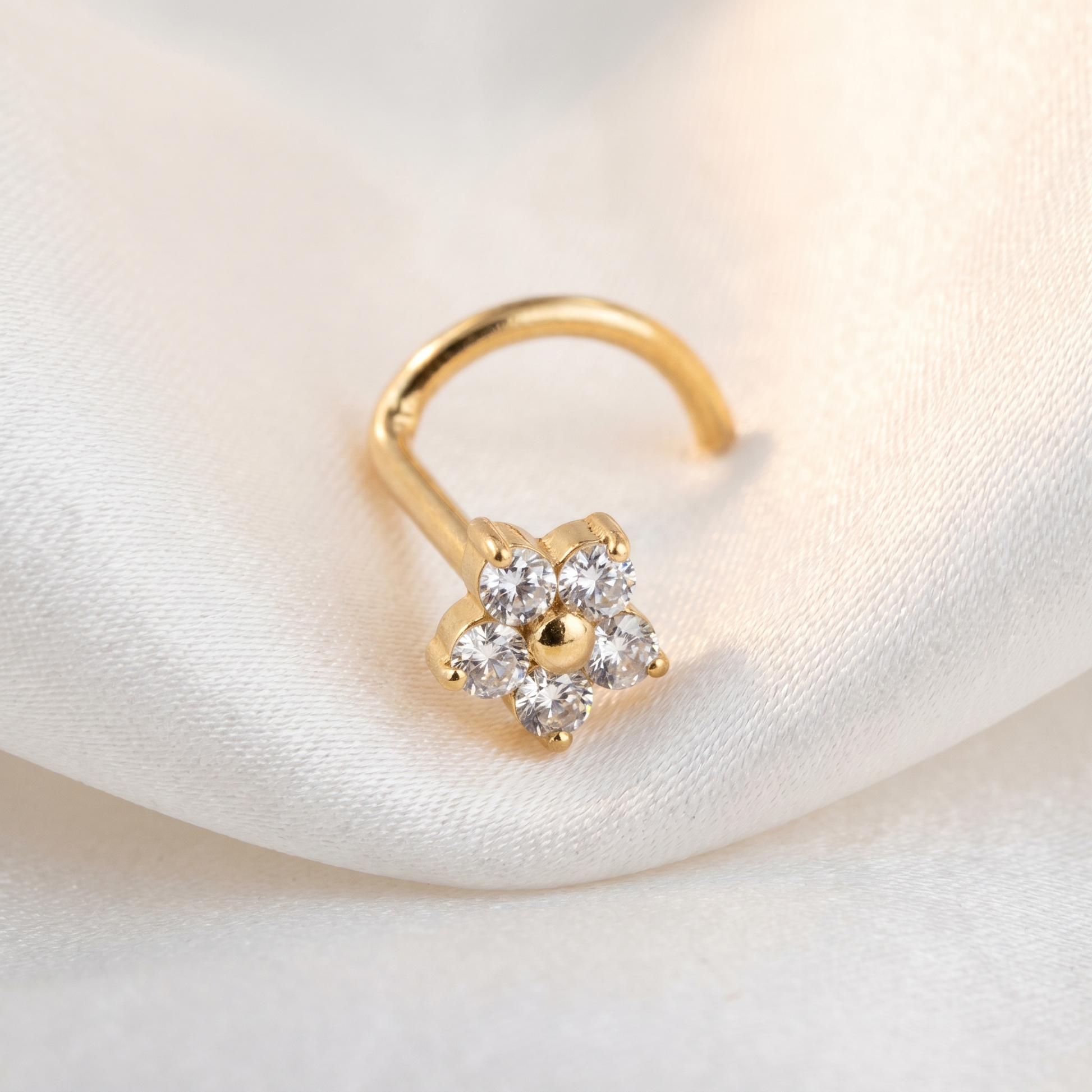 daisy nose stud on satin fabric — G23 titanium 20G