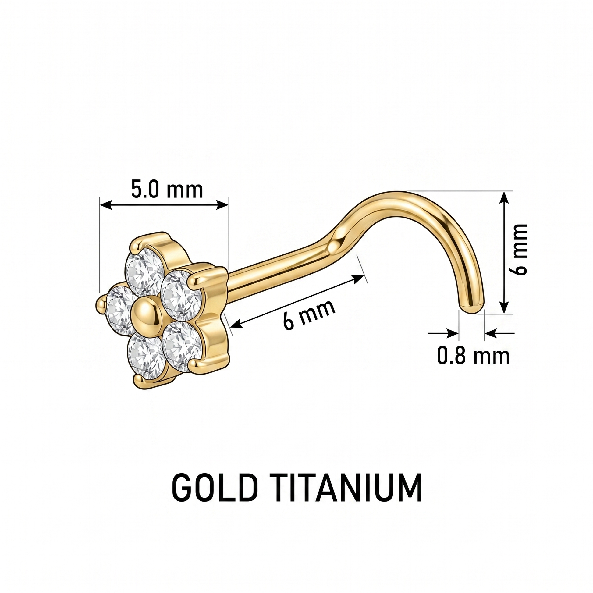 daisy nose stud size chart — 0.8 mm 20G, 6 mm length, G23 titanium