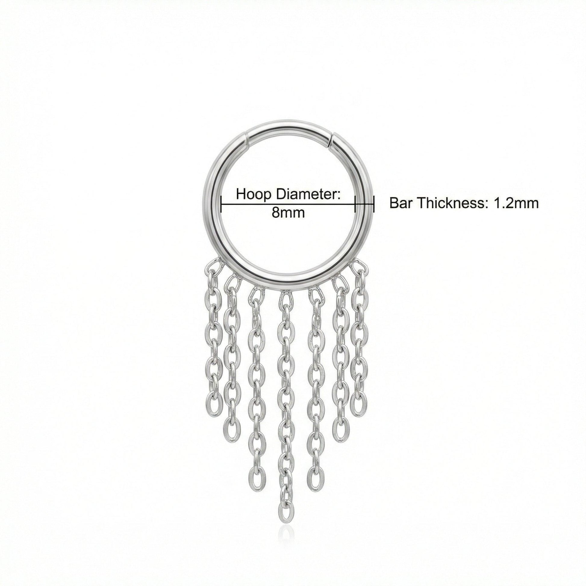 Dimensions blueprint for the silver multi chain ring detailing an 8mm hoop