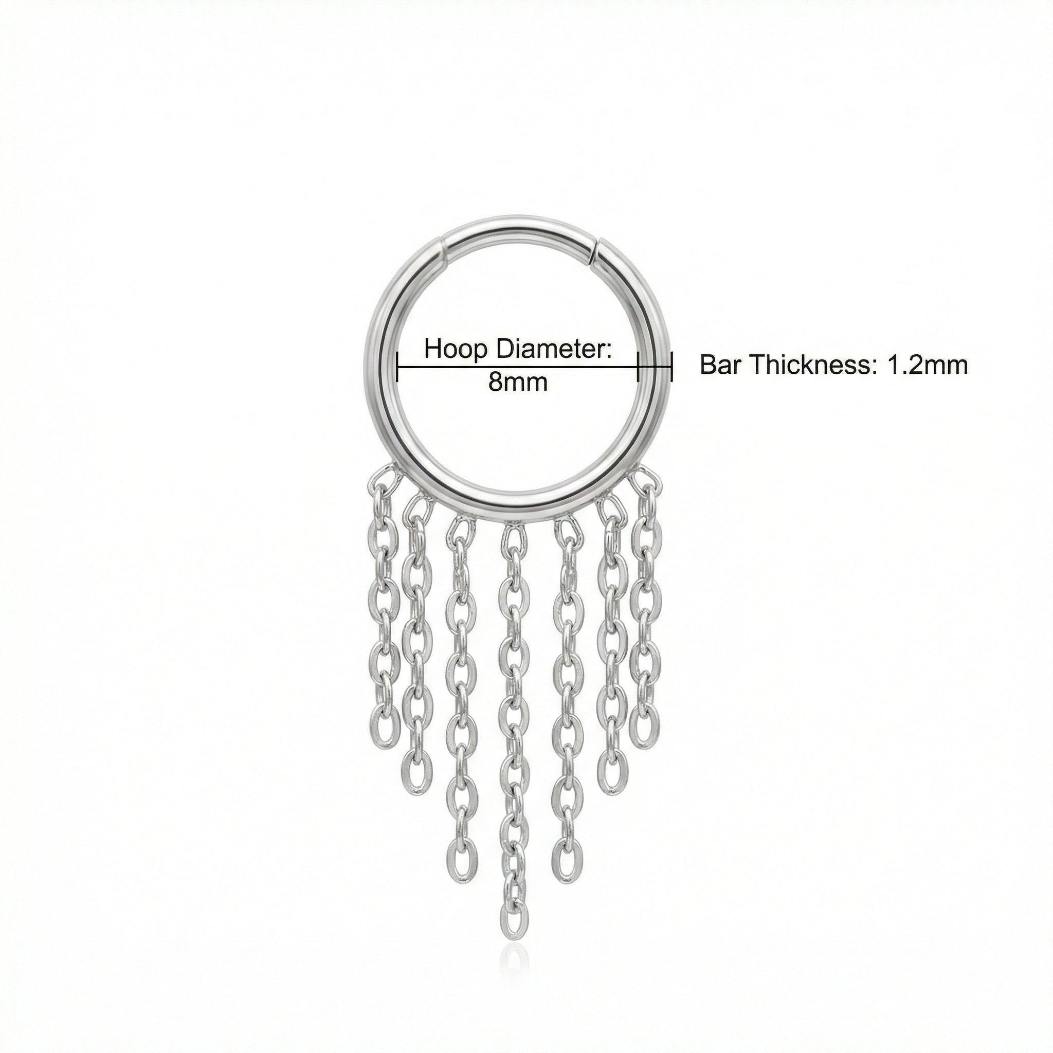 Dimensions blueprint for the silver multi chain ring detailing an 8mm hoop