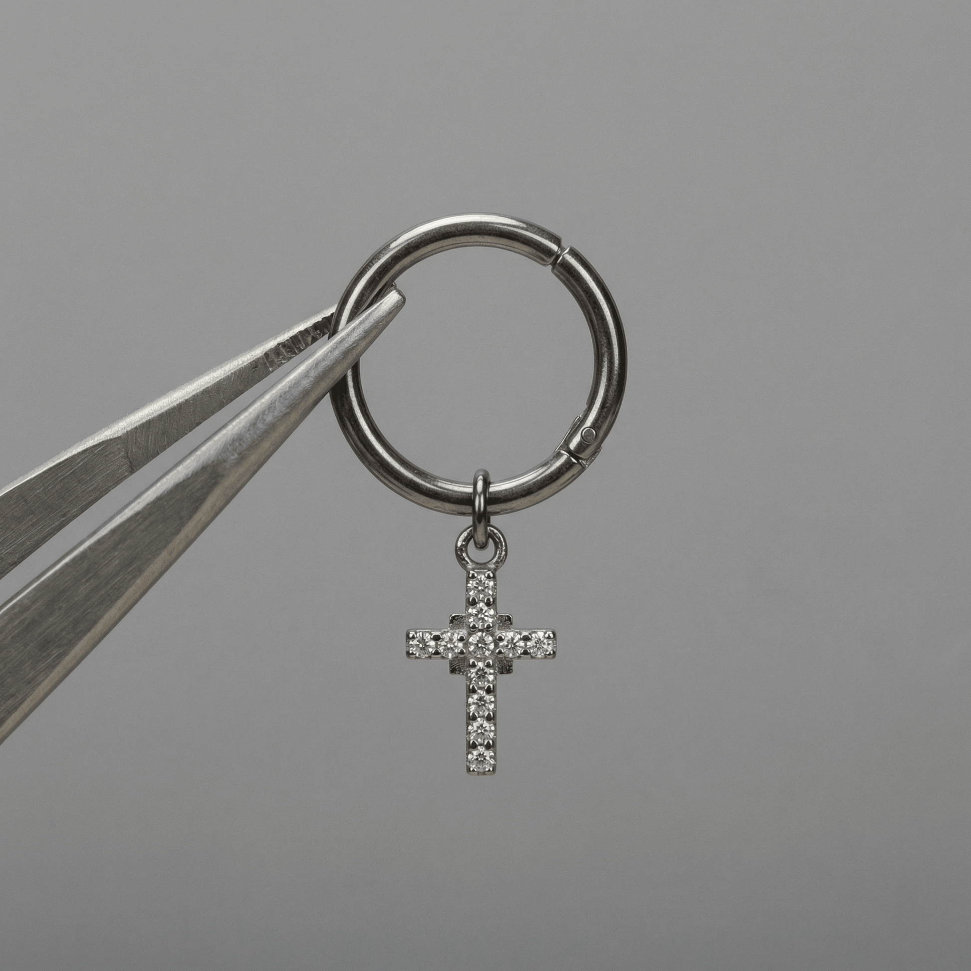 Dangling Front Helix Piercing - Silver titanium cross hoop