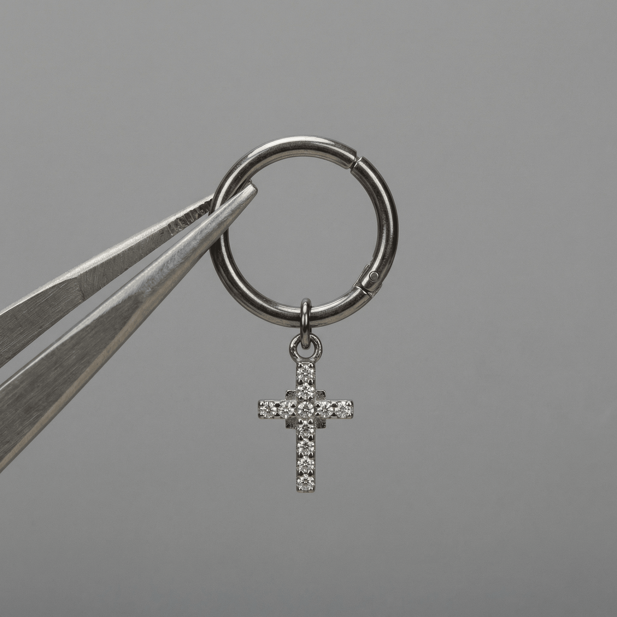 Dangling Front Helix Piercing - Silver titanium cross hoop