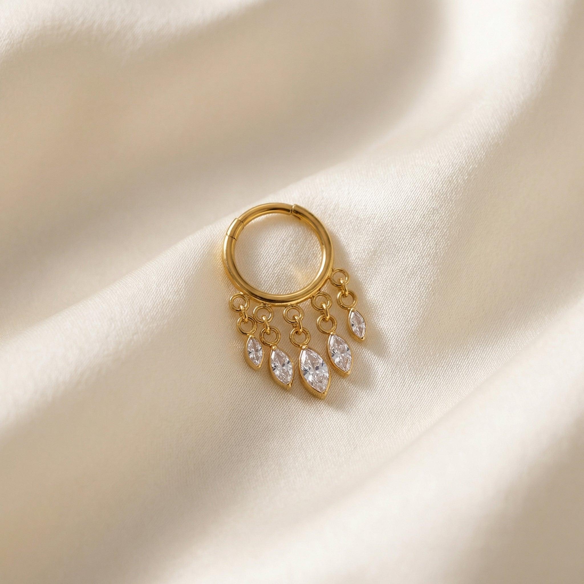 Dangling Piercing In Septum - Gold dangling teardrop zircon