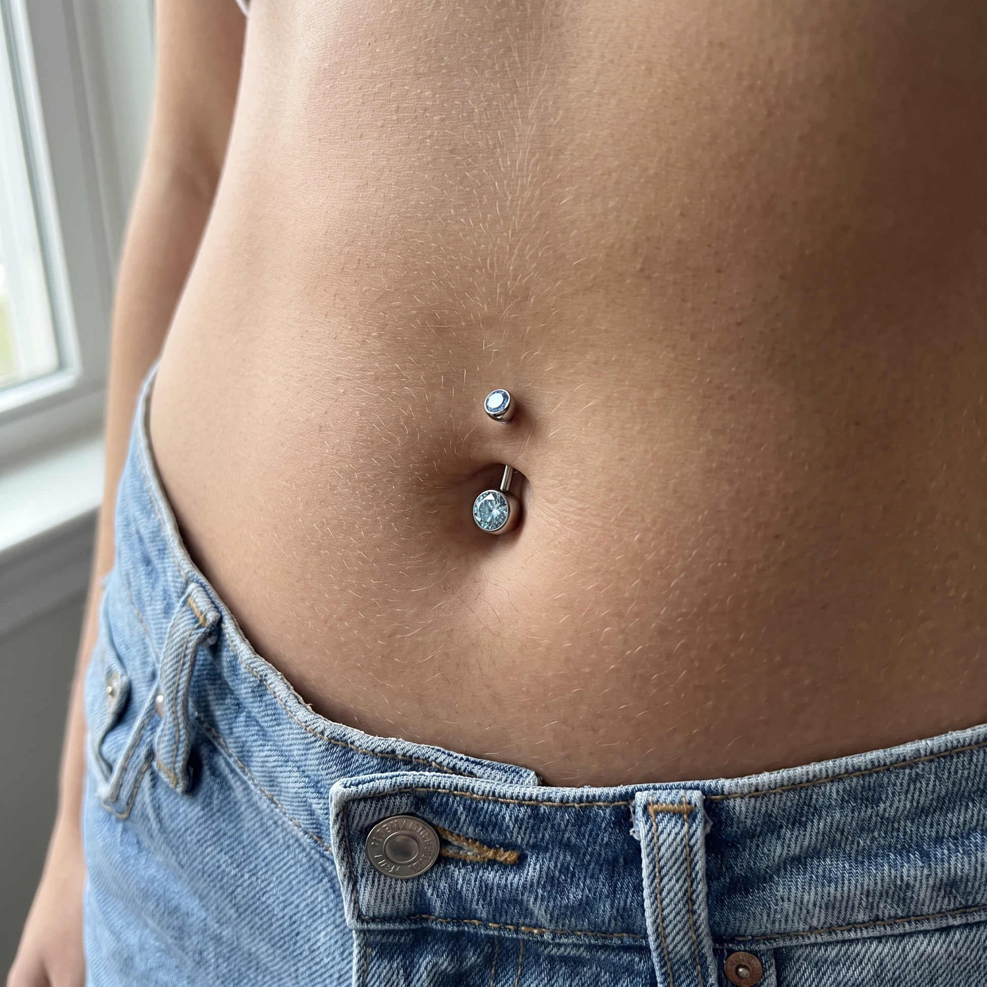 Double Crystal belly button ring in silver 10 mm worn on model — implant-grade G23 titanium 14G