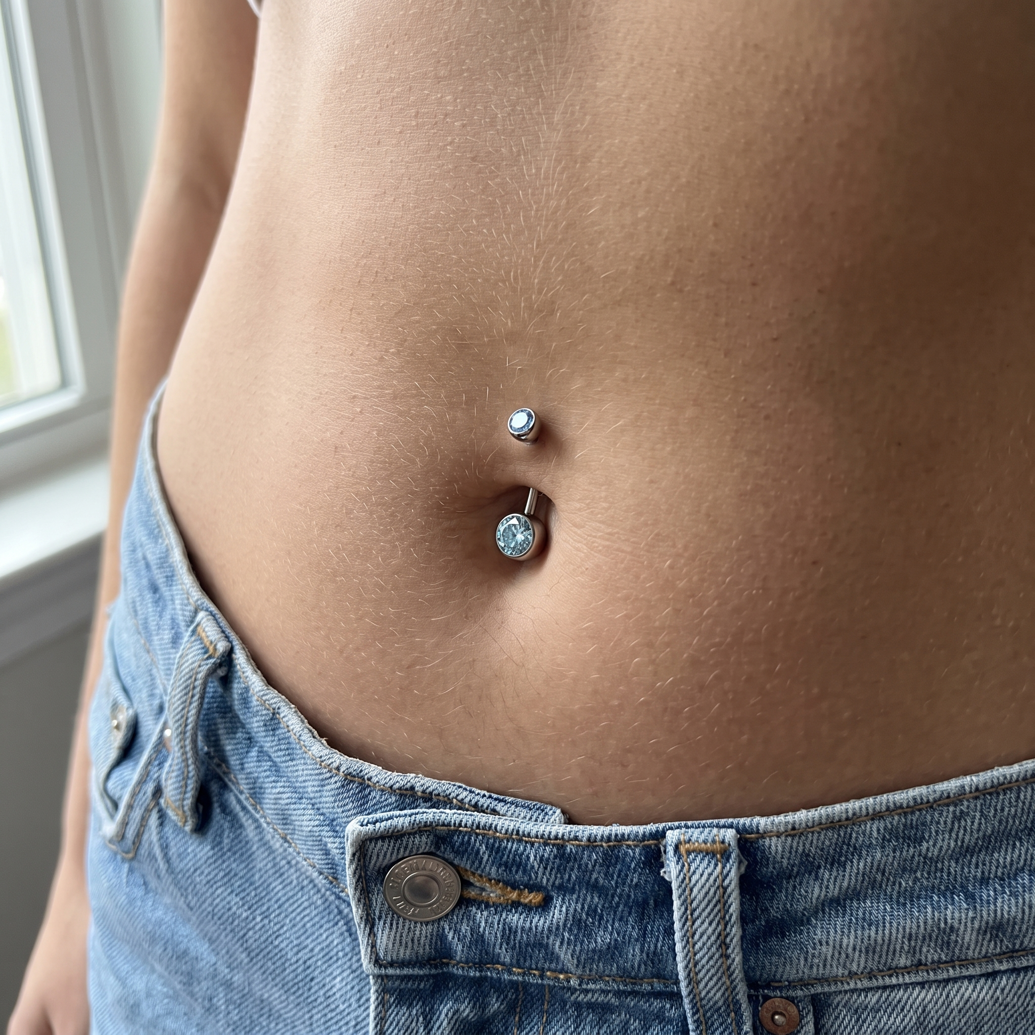 Double Crystal belly button ring in silver 10 mm worn on model — implant-grade G23 titanium 14G