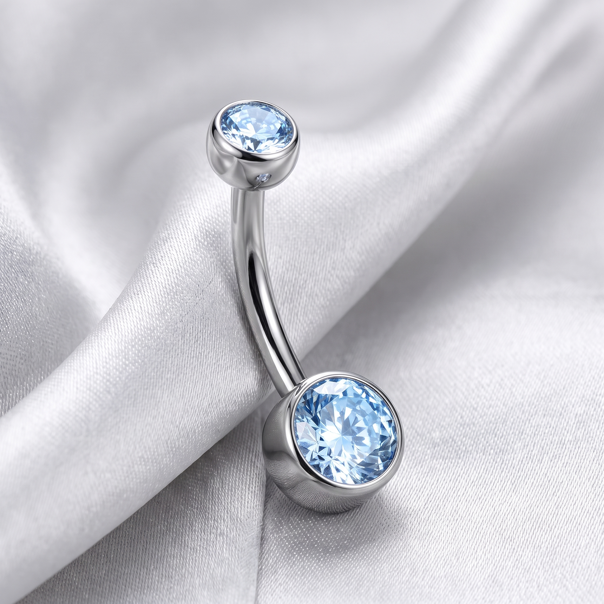 Double Crystal double gem belly button ring in silver 10 mm on champagne satin — G23 titanium 14G