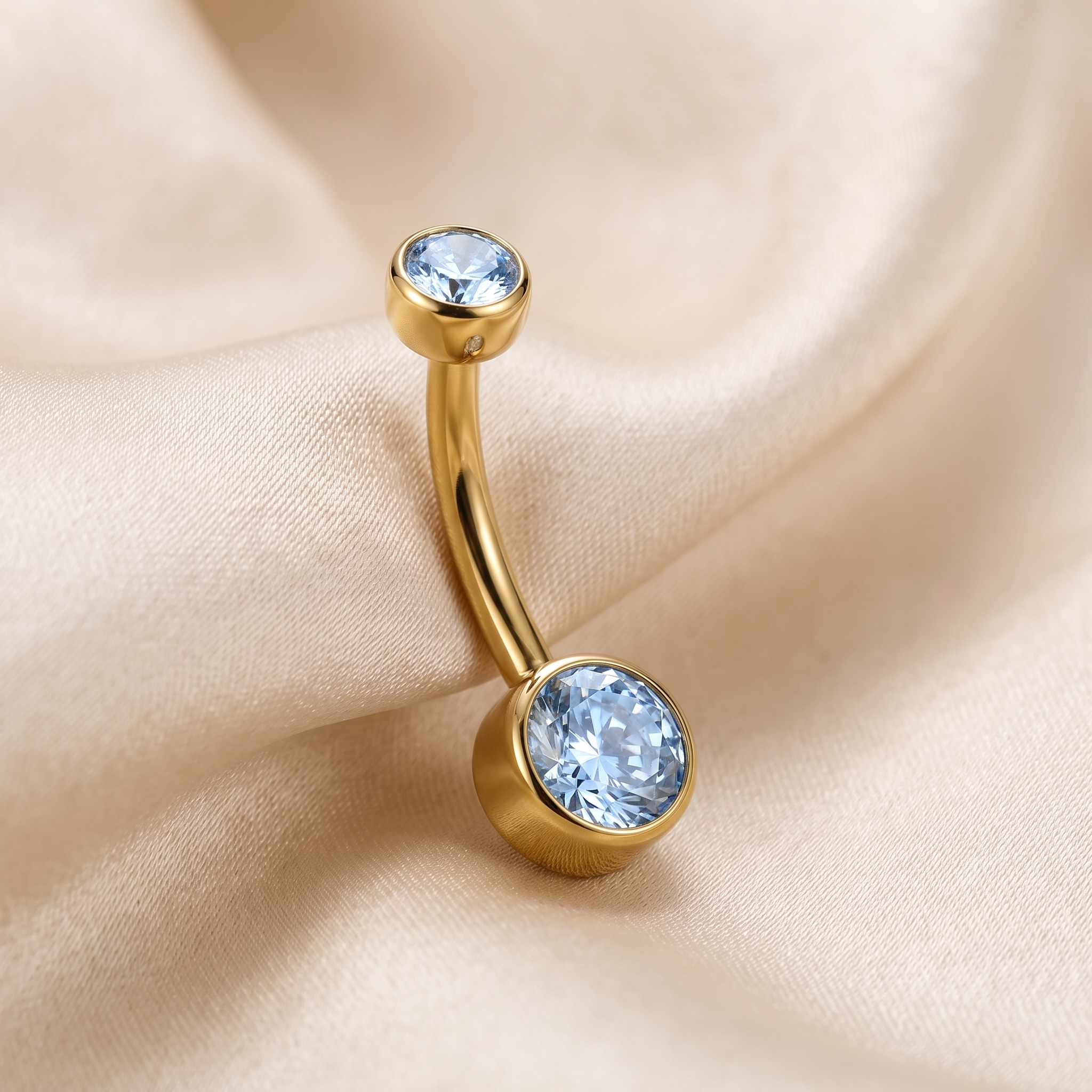 Double Crystal double gem belly button ring in gold 10 mm on champagne satin — G23 titanium 14G
