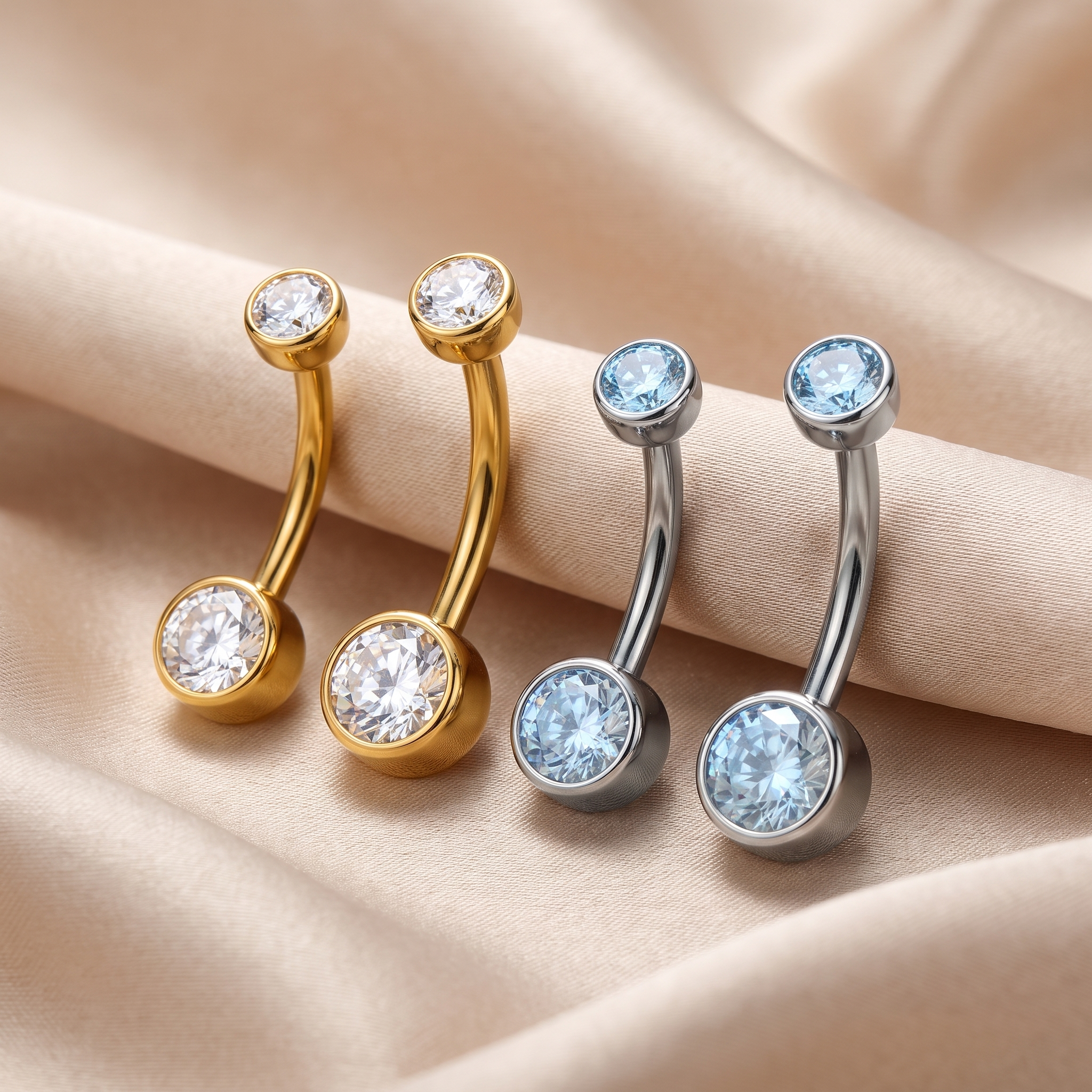 All color options of the Double Crystal belly button ring on satin — G23 titanium 14G