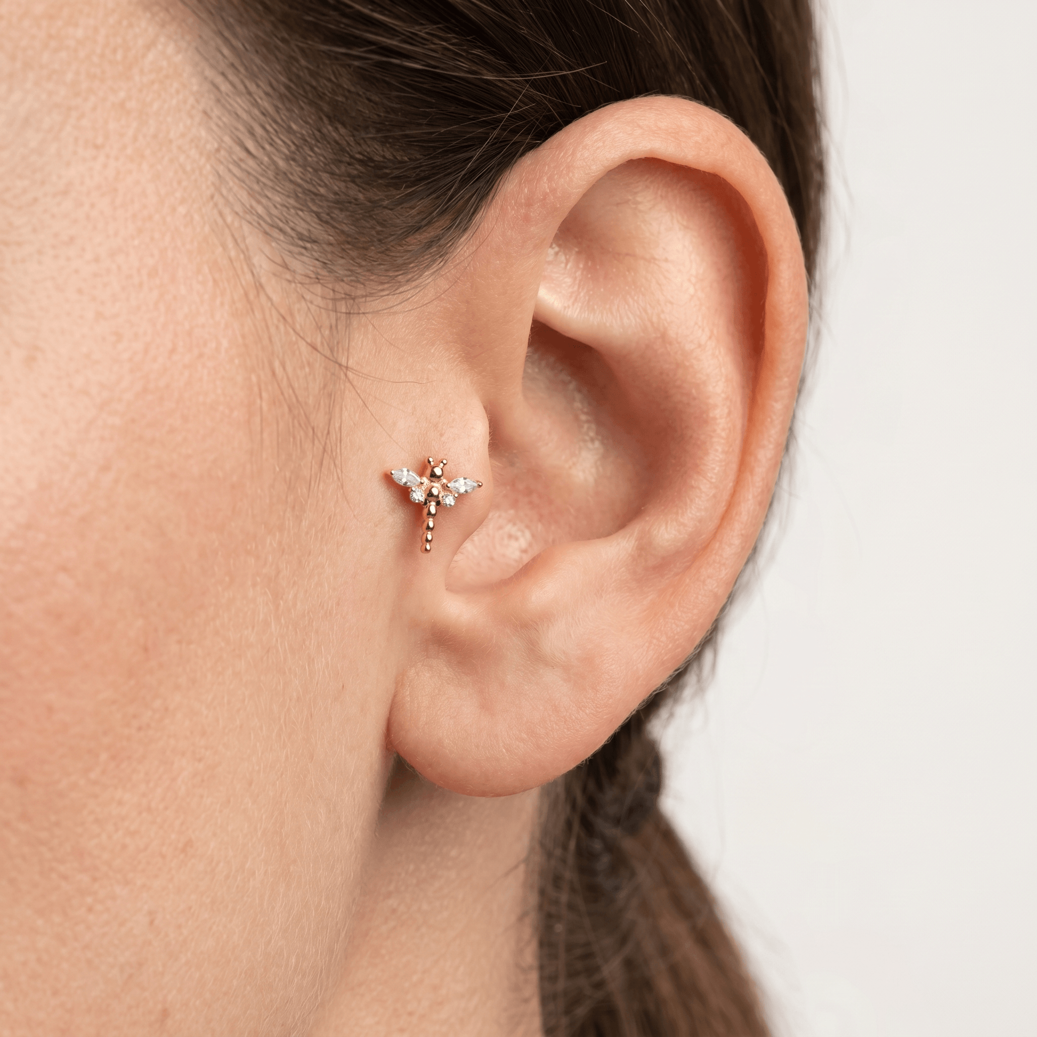 Gold dragonfly styled perfectly in a piercing