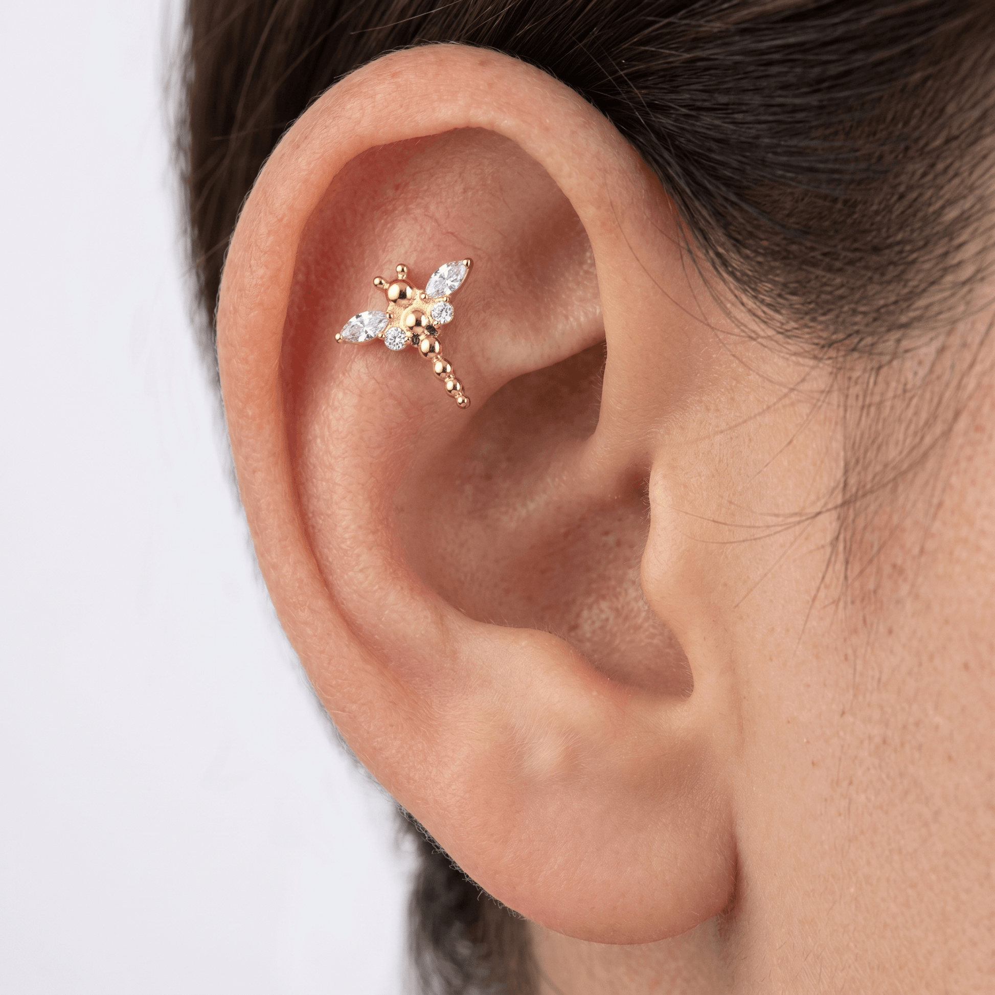 Gold dragonfly stud styled beautifully in a piercing.