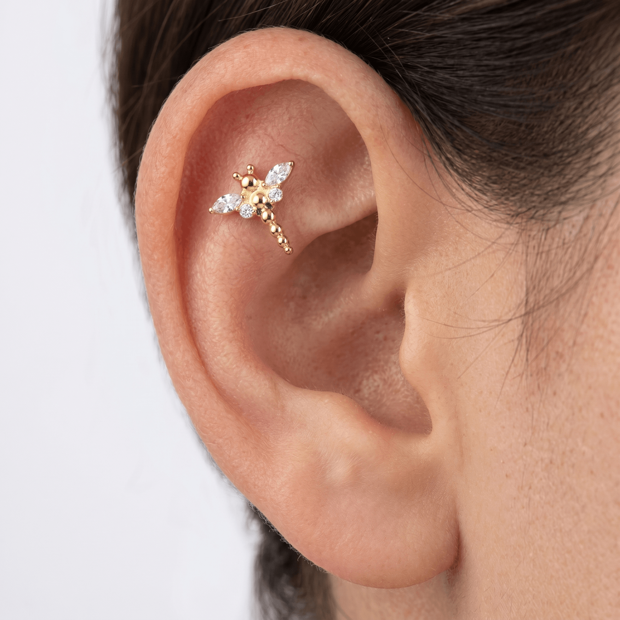 Gold dragonfly stud styled beautifully in a piercing.
