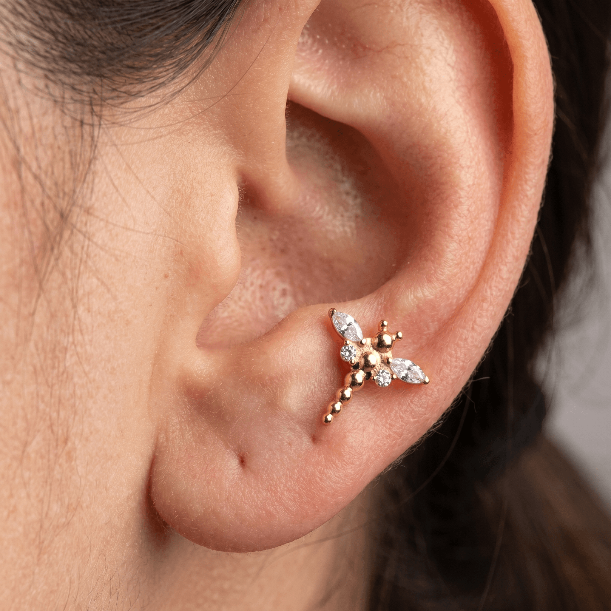 Gold dragonfly jewelry worn securely in a curated female ear piercing.