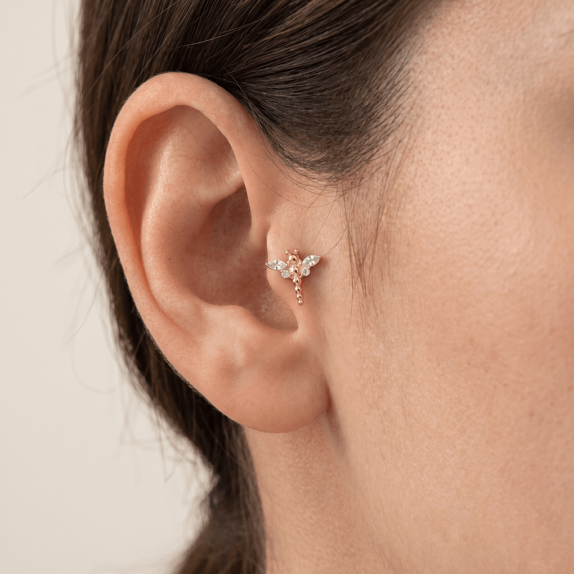 Gold dragonfly zircon stud — tragus jewelry placement