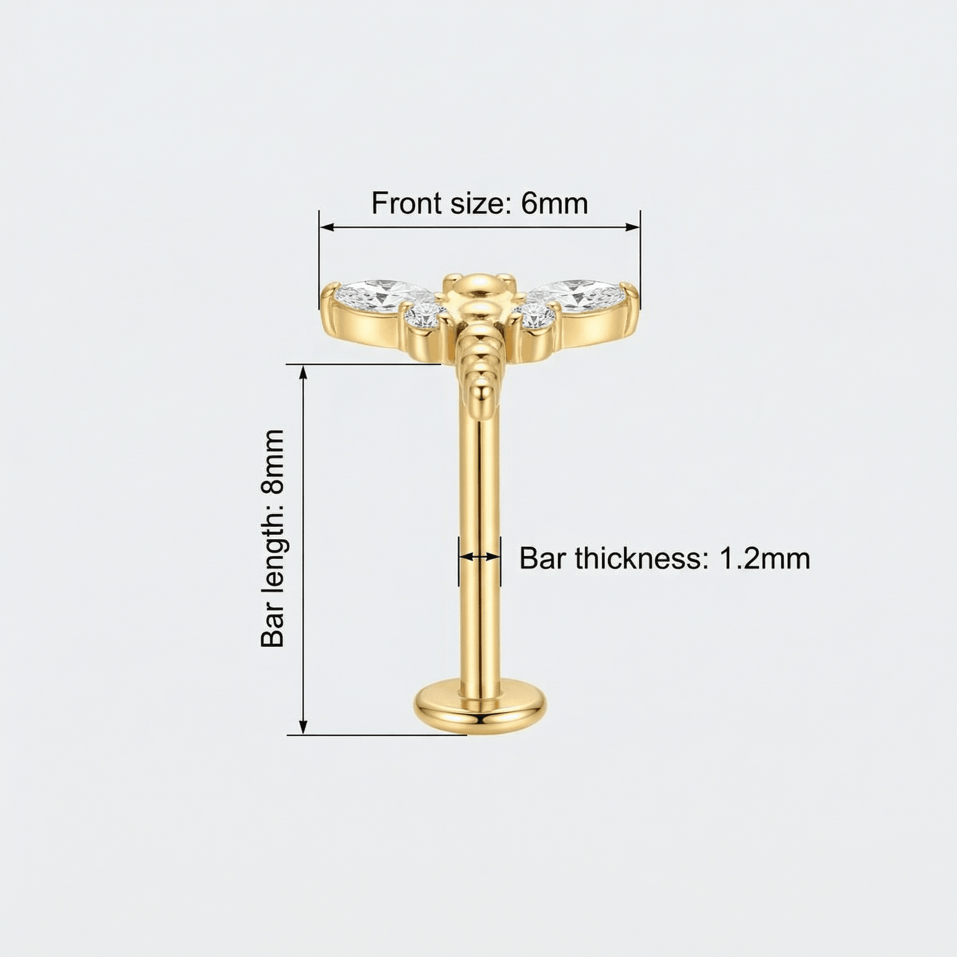 Dragonfly Front Helix Piercing - Size chart for gold