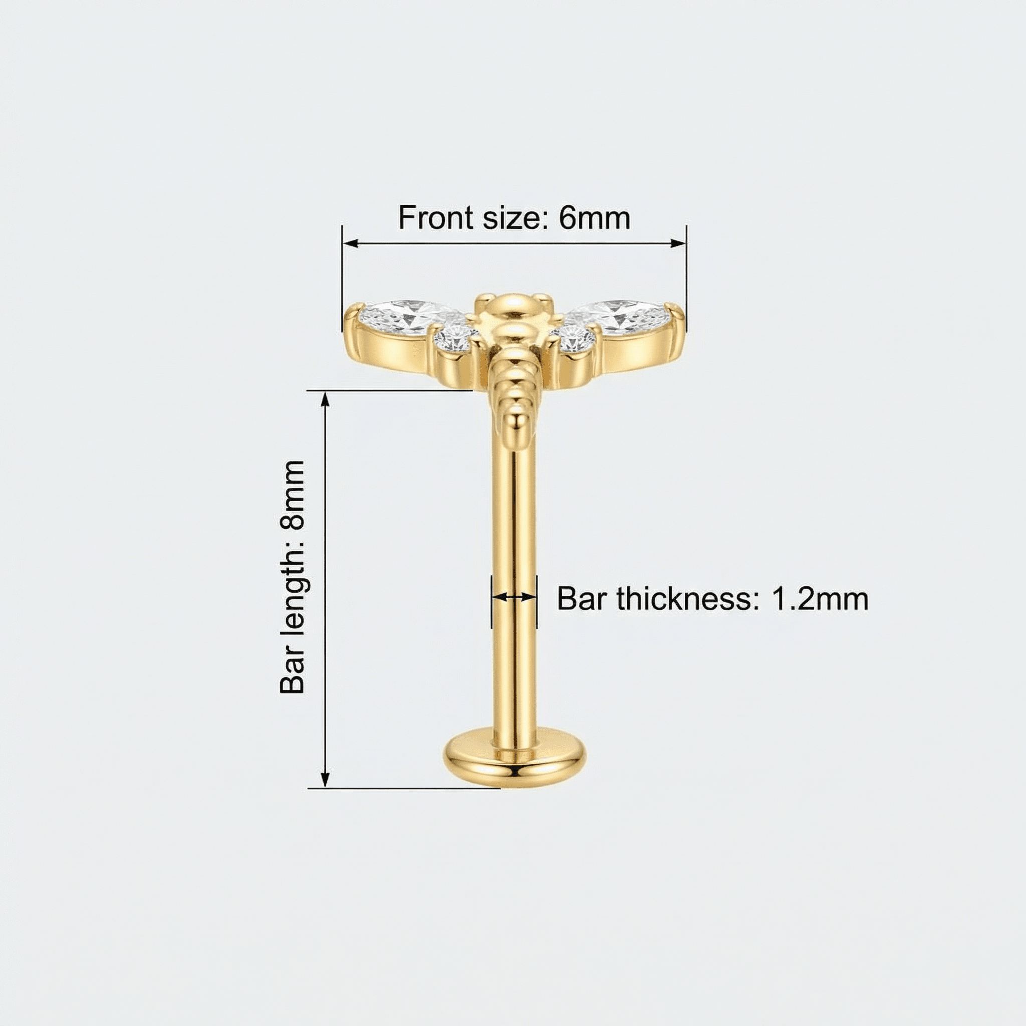 Dragonfly Front Helix Piercing - Size chart for gold