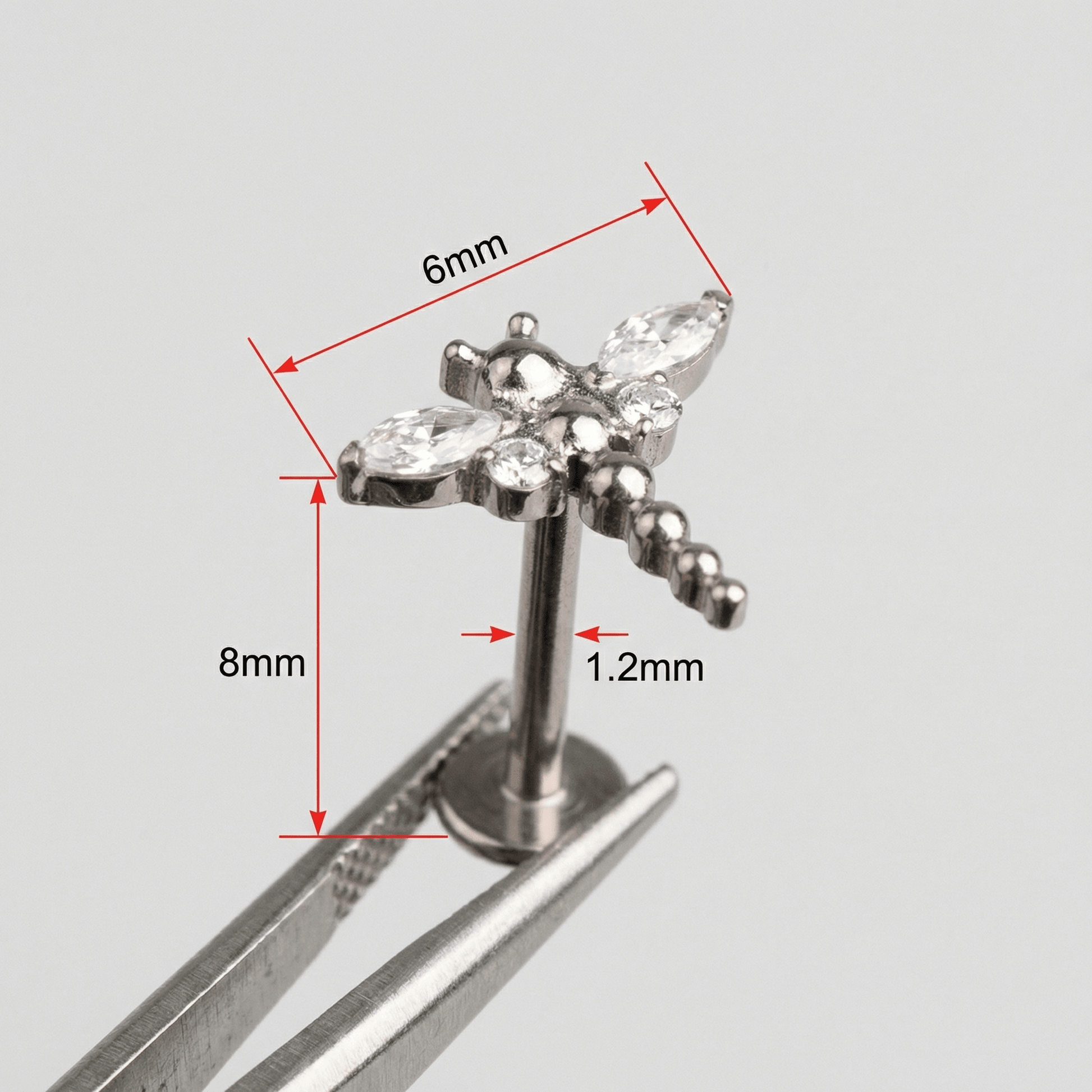 Dragonfly Front Helix Piercing - Dimensions for silver dragonfly