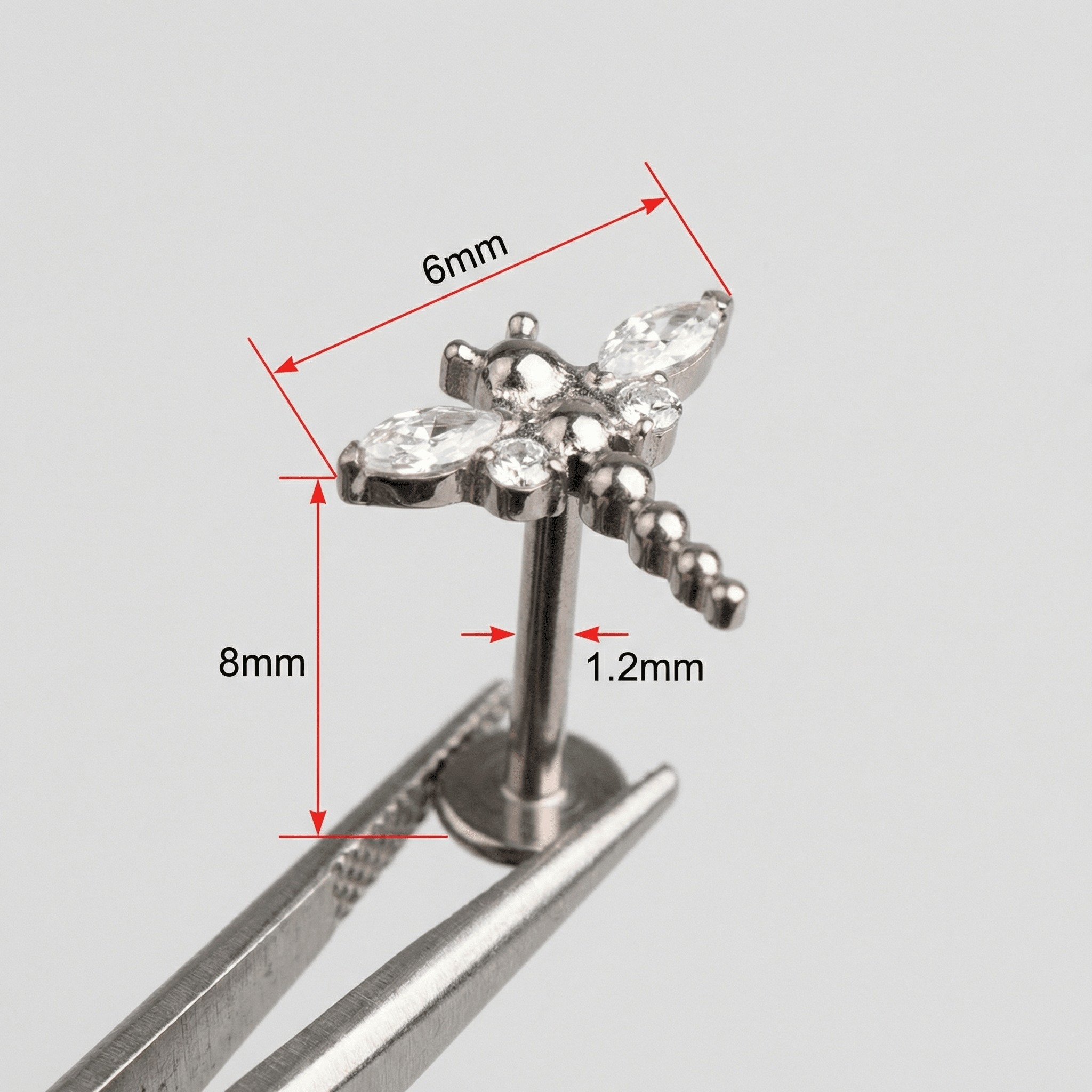 Dragonfly Front Helix Piercing - Dimensions for silver dragonfly