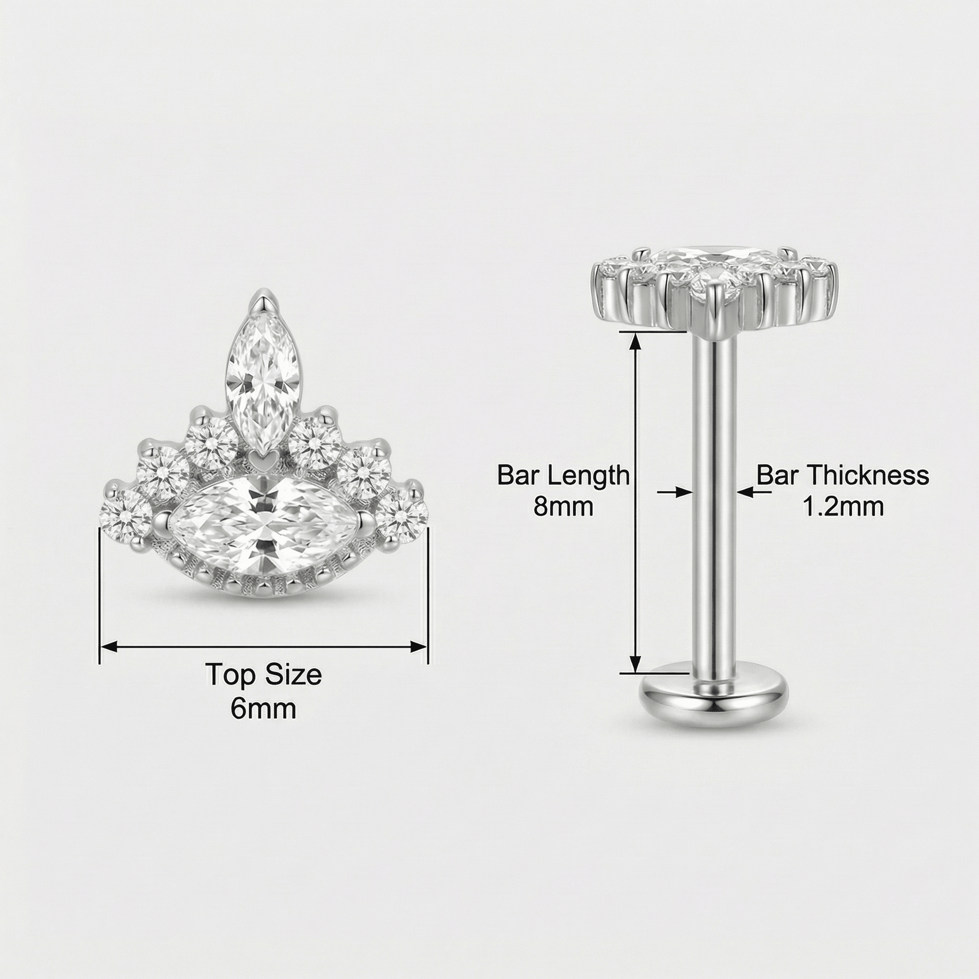 Diagram showing silver 16g piercing jewelry sizing and measurements.