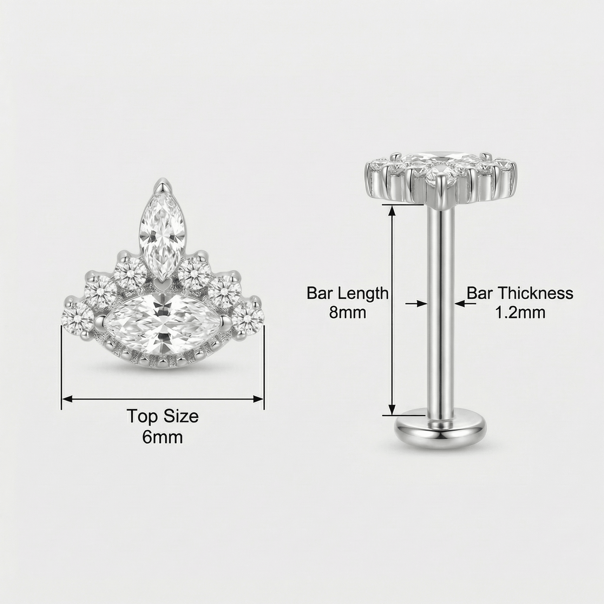 Diagram showing silver 16g piercing jewelry sizing and measurements.