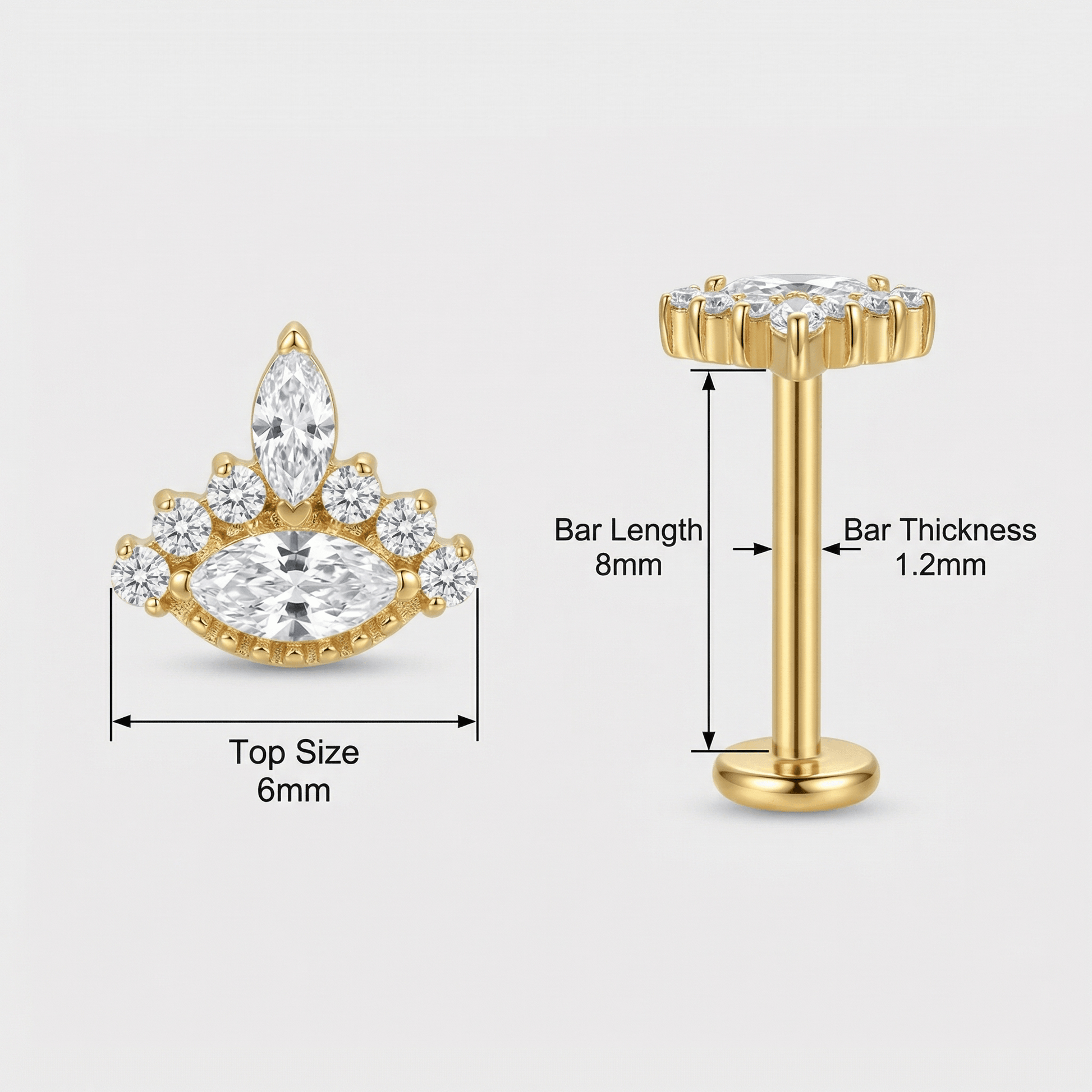 Diagram showing gold evil eye stud sizing and bar measurements.