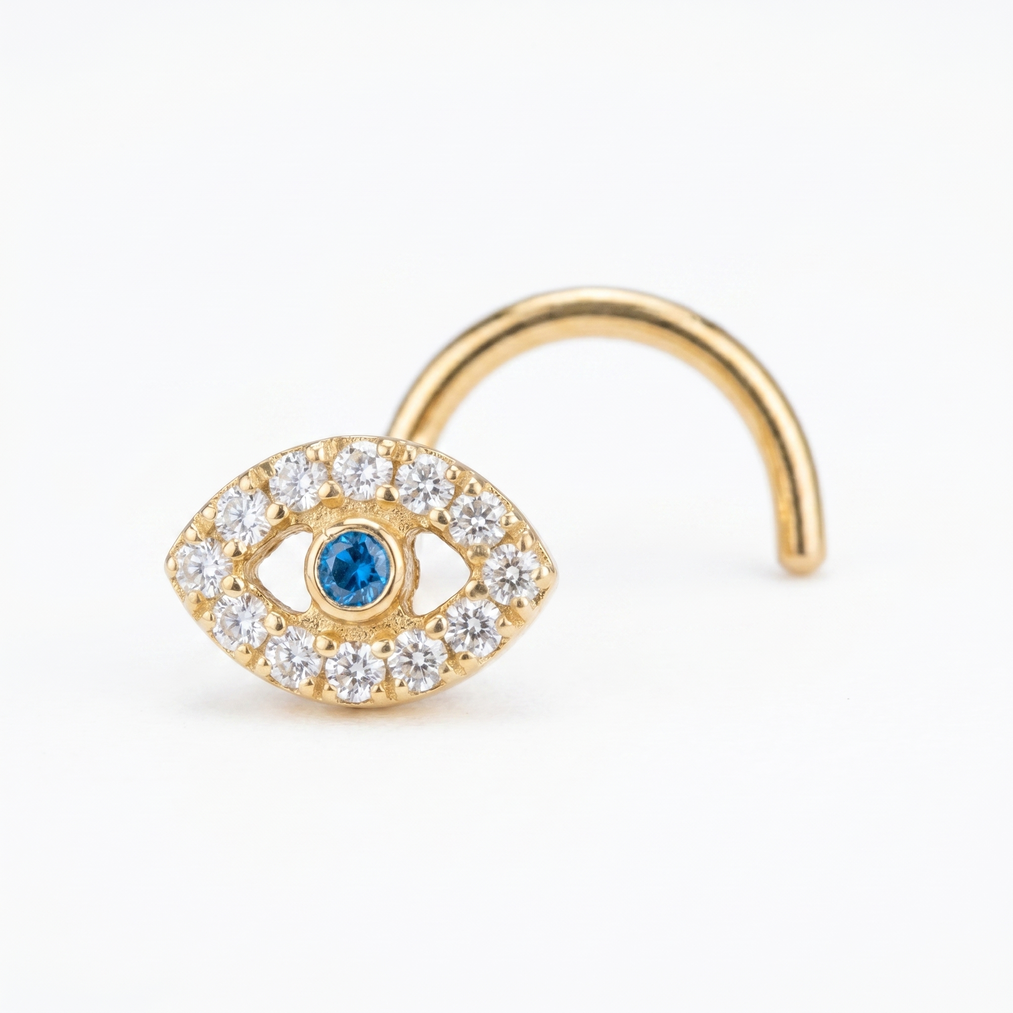 evil eye nose stud in gold on a white background — G23 titanium 20G