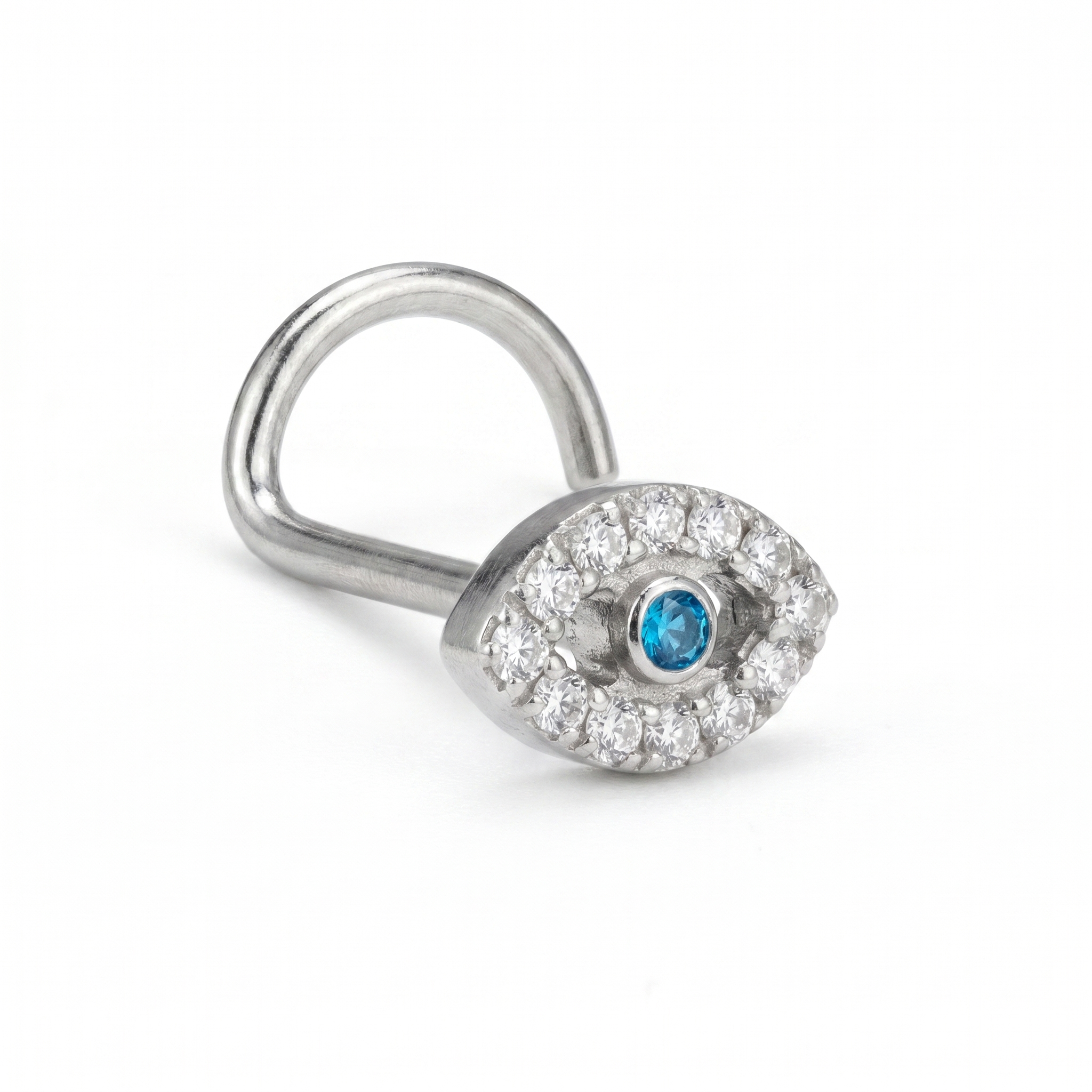 evil eye nose stud in silver on a white background — G23 titanium 20G