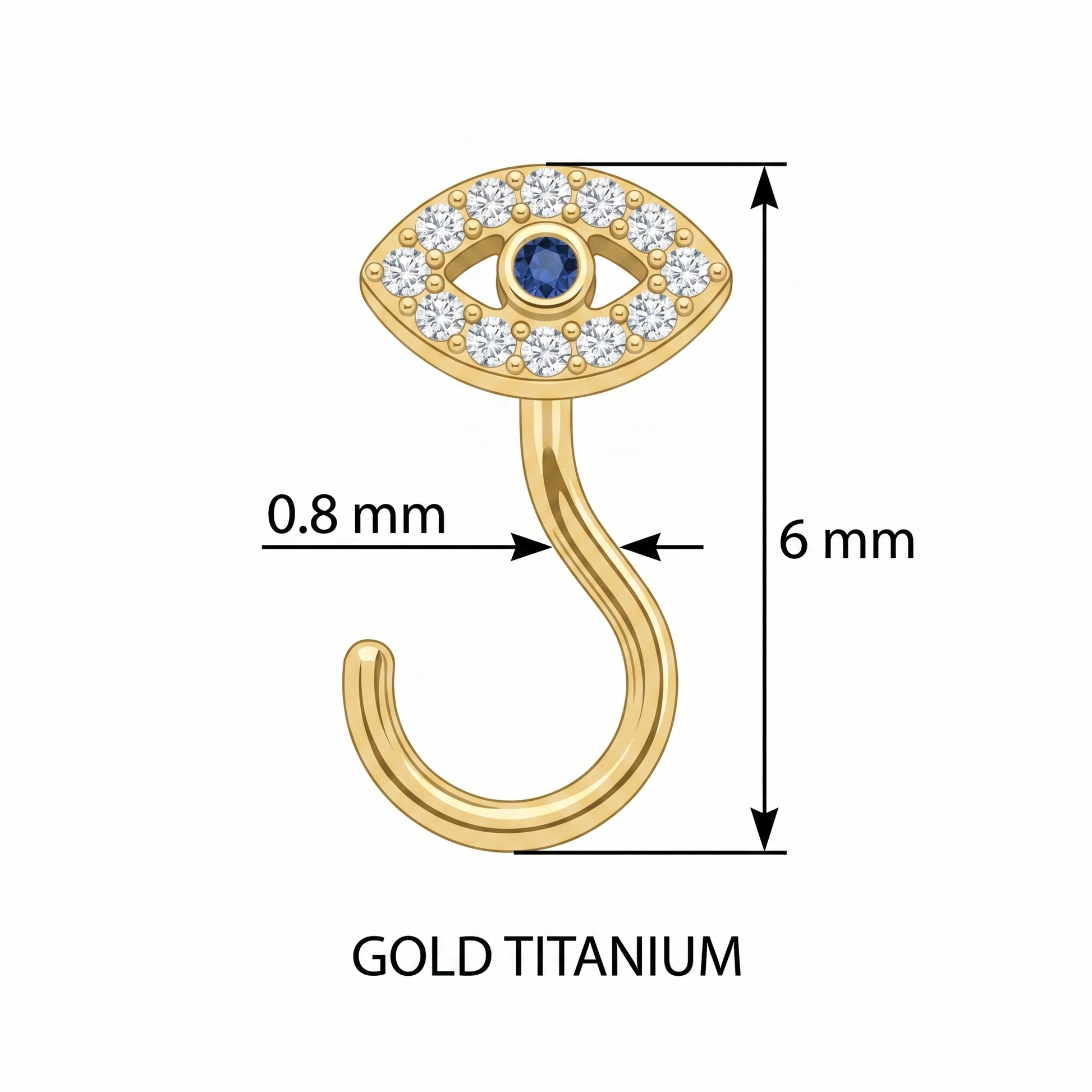 evil eye nose stud size chart — 0.8 mm 20G, 6 mm length, G23 titanium