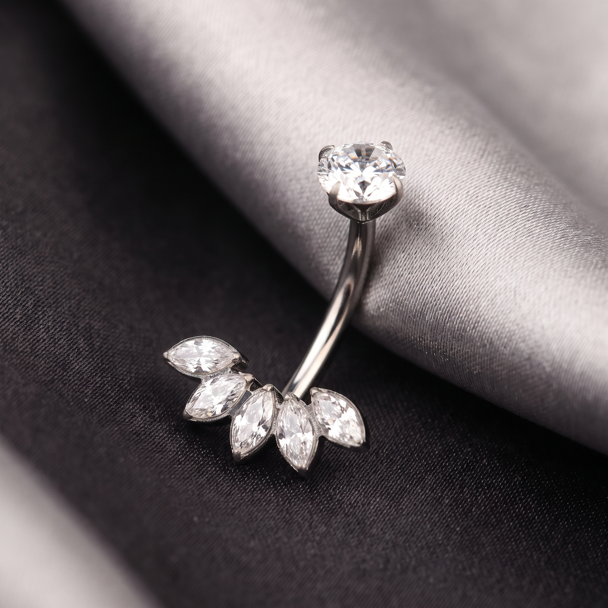 Five Marquise belly button ring in silver on champagne satin — G23 titanium 14G