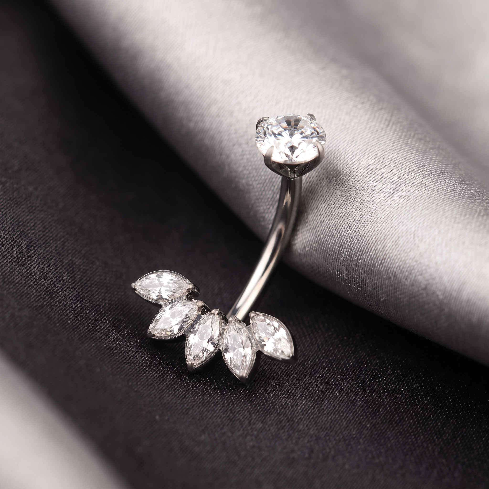 Five Marquise belly button ring in silver on champagne satin — G23 titanium 14G