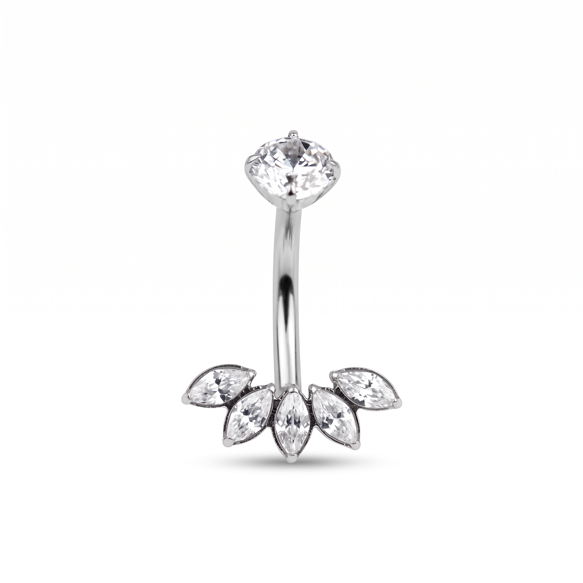 Five Marquise belly button ring in silver — white background packshot, G23 titanium 14G