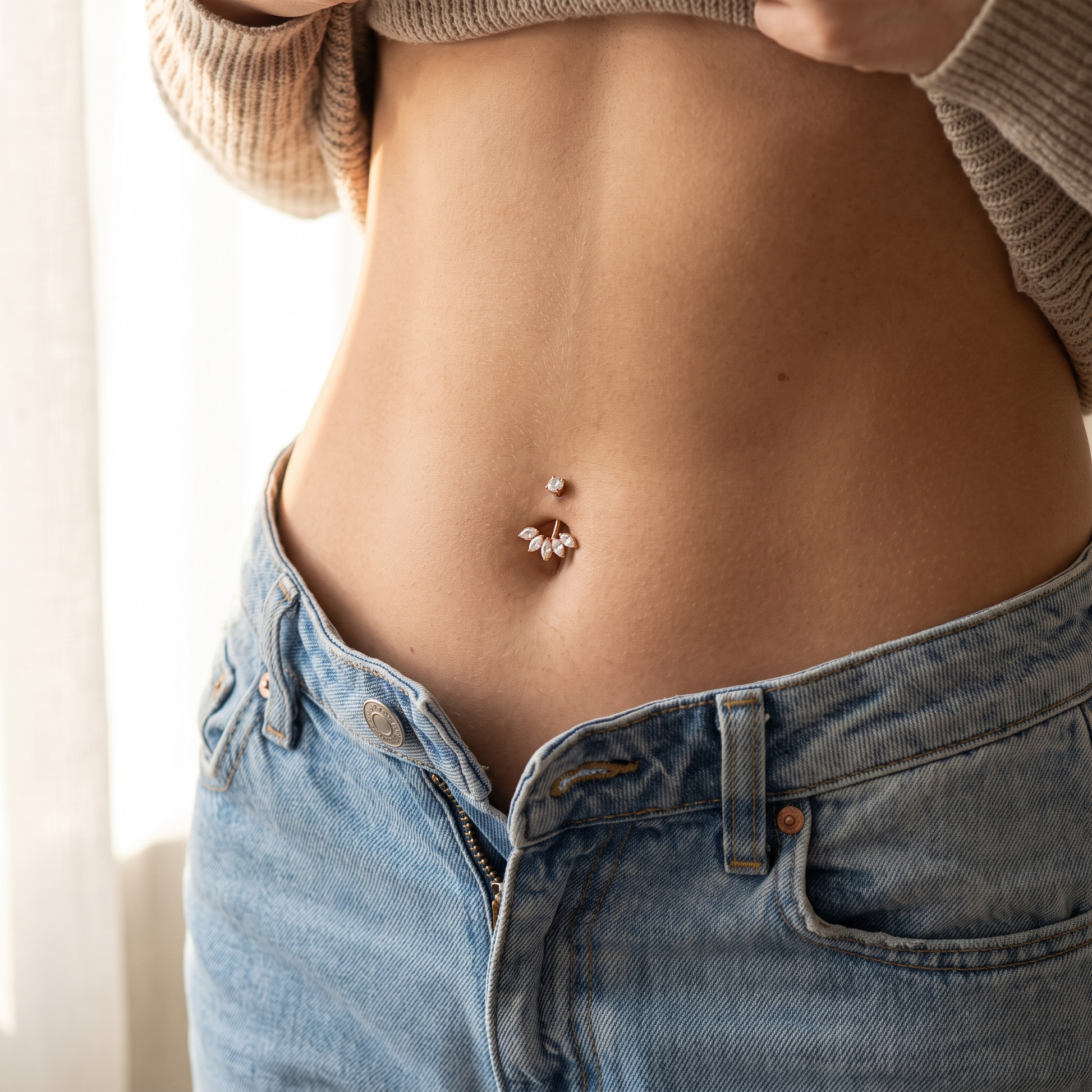Five Marquise belly button ring in gold worn on model — implant-grade G23 titanium 14G