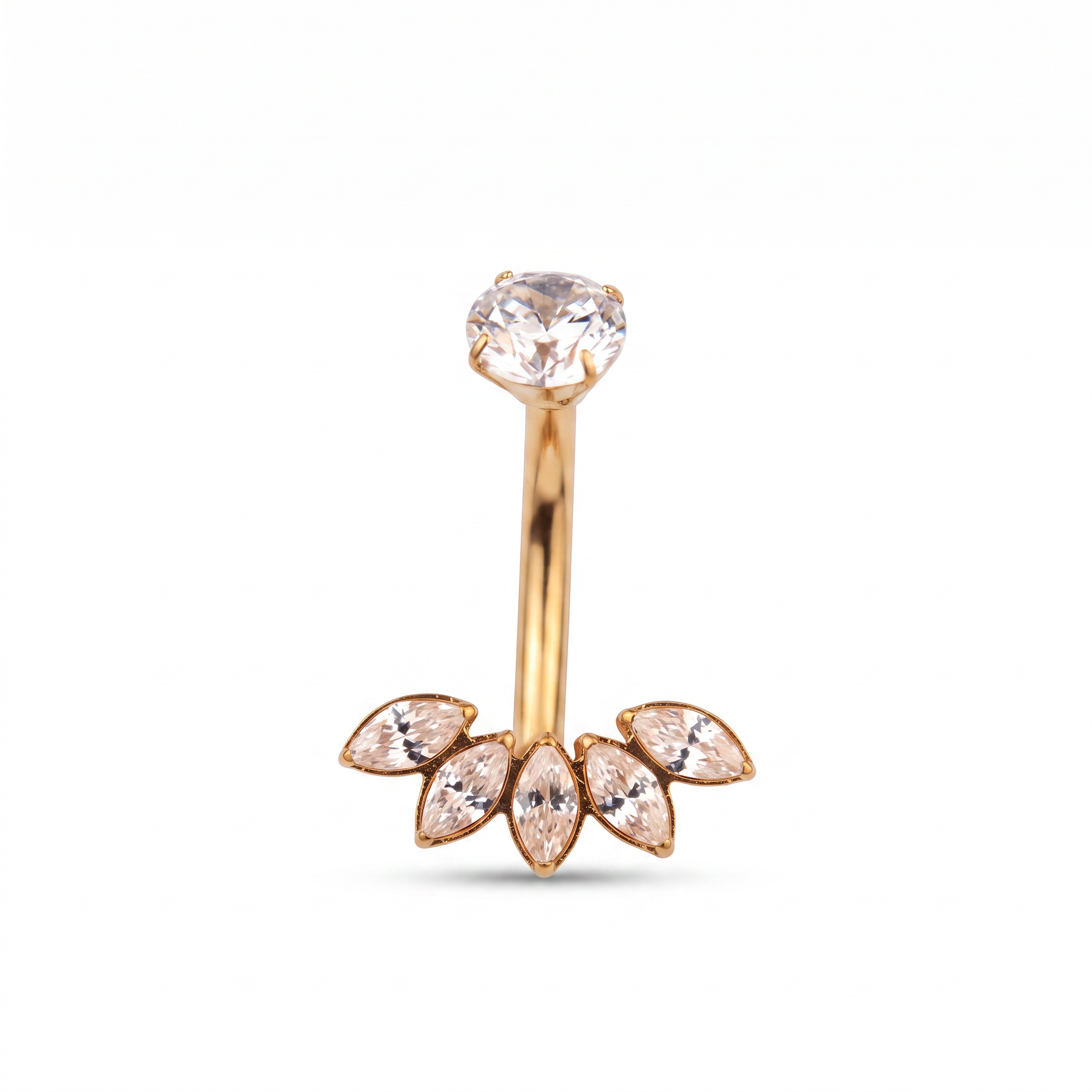 Five Marquise belly button ring in gold — white background packshot, G23 titanium 14G