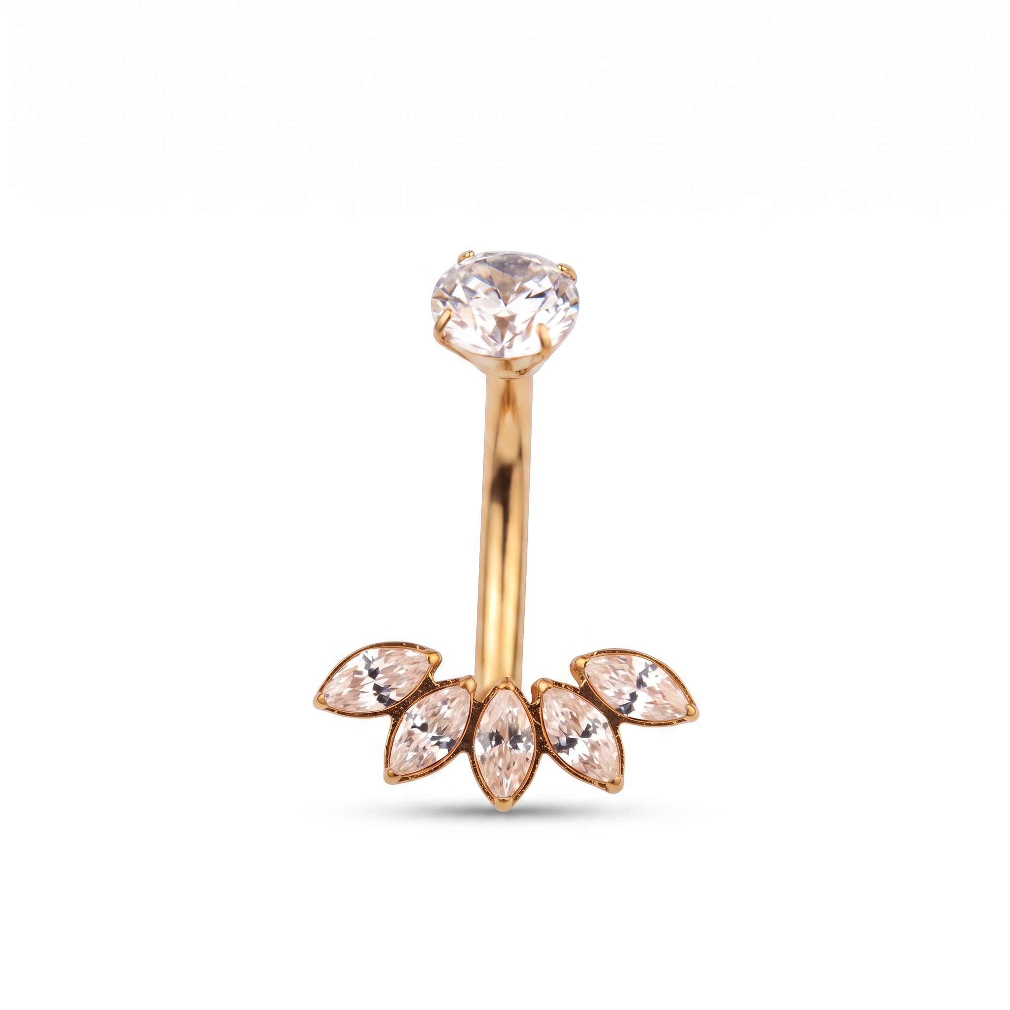Five Marquise belly button ring in gold — white background packshot, G23 titanium 14G