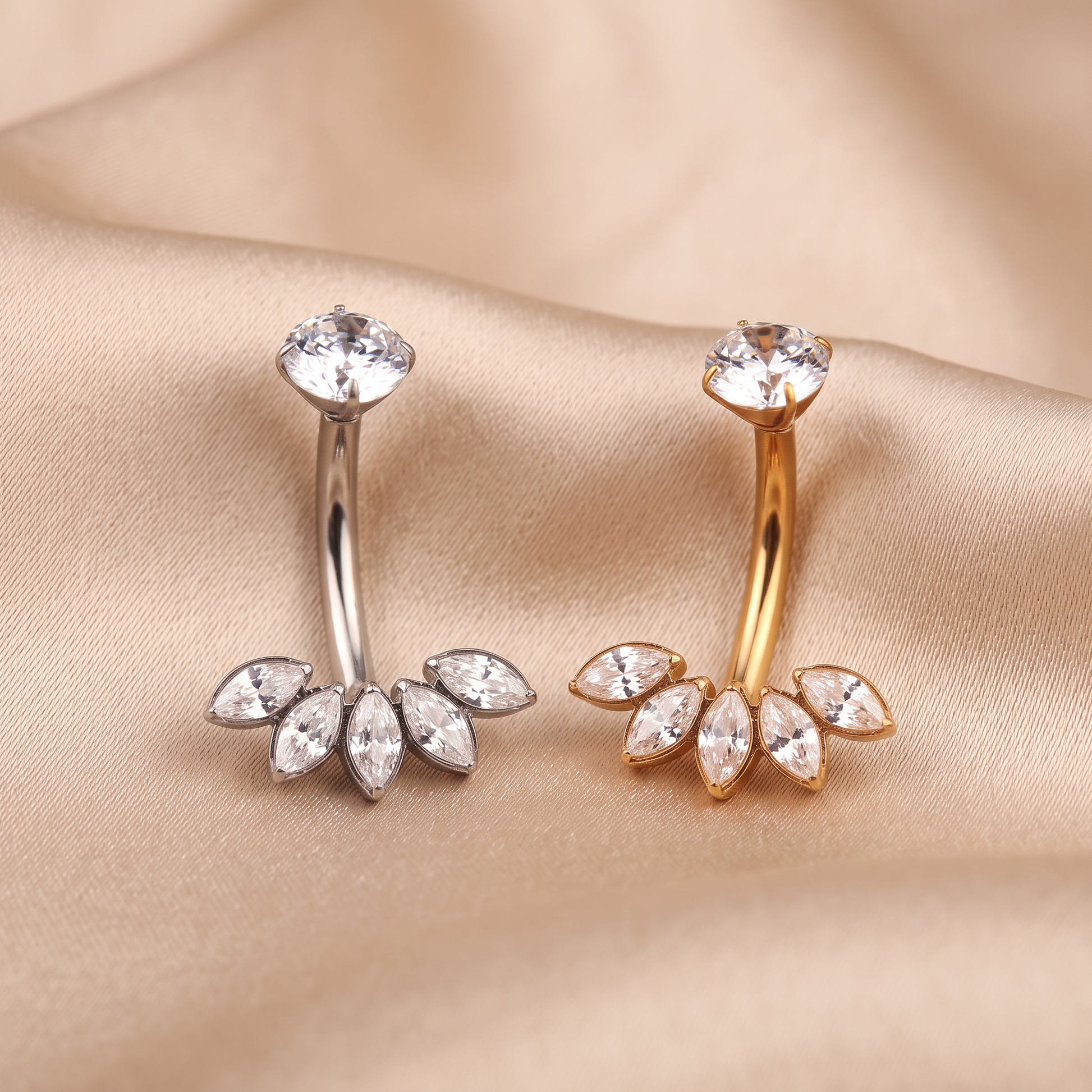 All color options of the Five Marquise belly button ring on satin — G23 titanium 14G