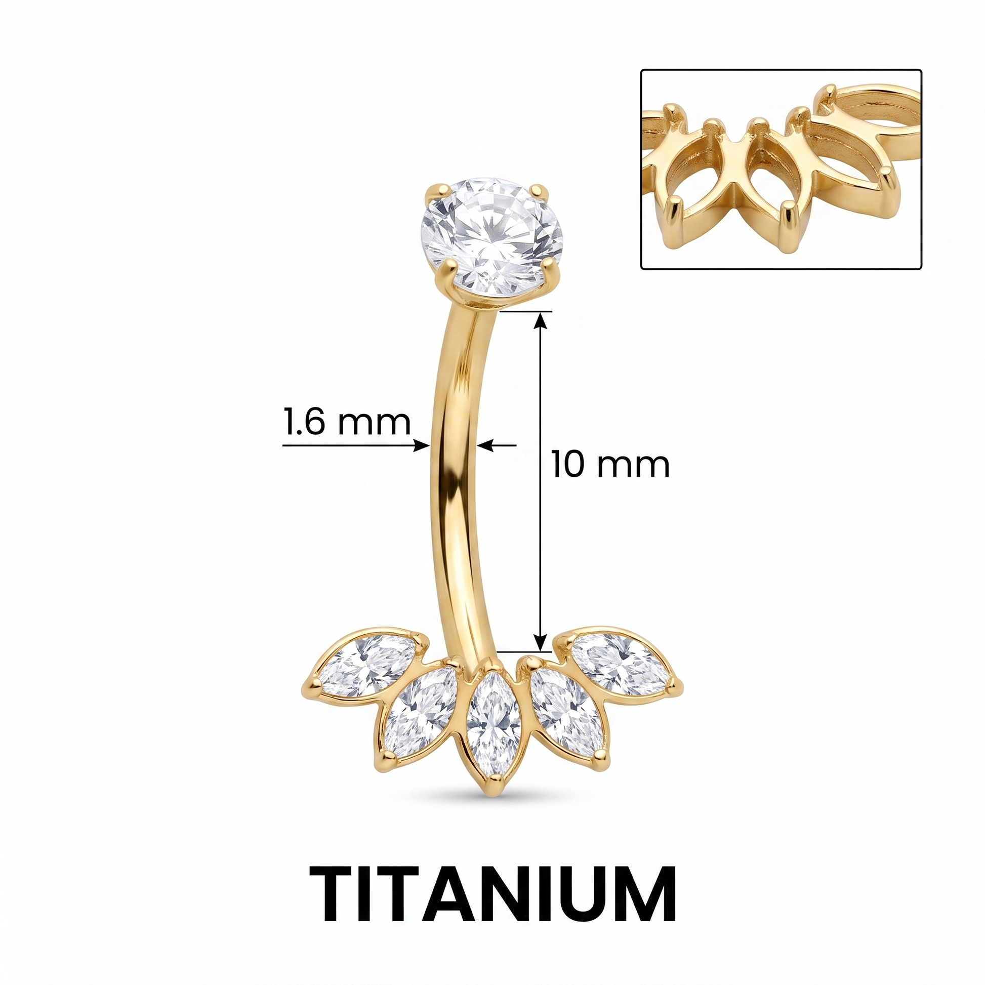 Five Marquise belly button ring size chart — 14G 1.6 mm implant-grade titanium