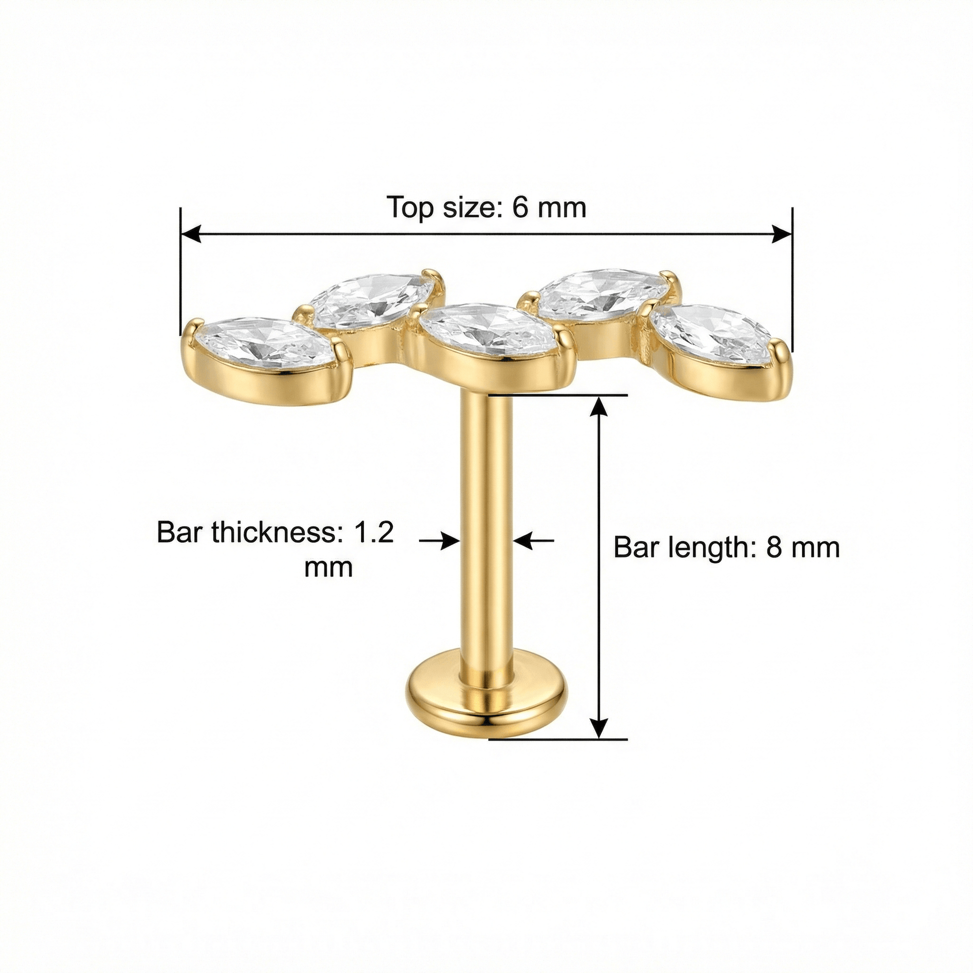 Five Front Helix Piercing - Size chart for gold