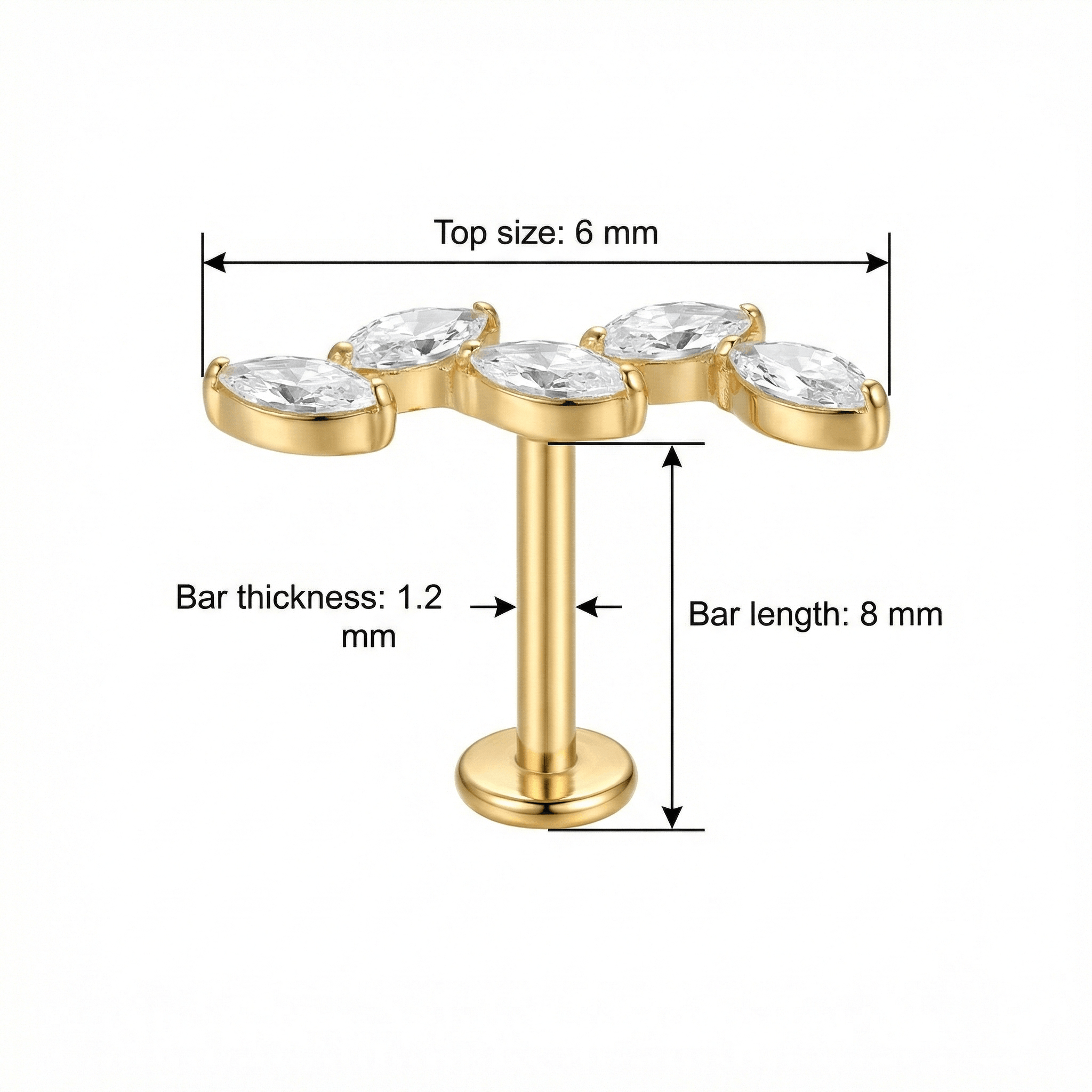 Five Front Helix Piercing - Size chart for gold