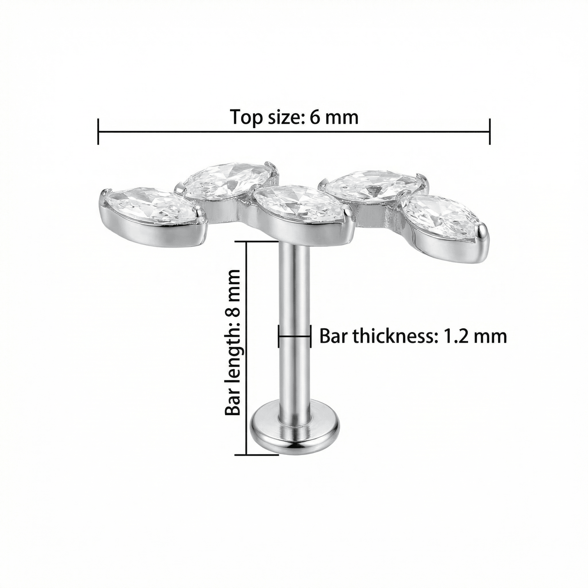 Five Front Helix Piercing - Dimensions for silver marquise